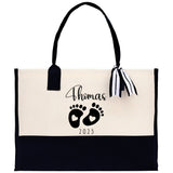 Baby Feet Personalized Name and Date Tote Bag for New Mom Pregnant Mom Shower Gift Baby Footprints Labor & Delivery Chick Tote Carrying Bag - Aaria Tees Aaria Tees