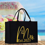 The Mrs. Est. 2023 Gold Color Print Tote Bag 100% Cotton Canvas Bridal Party Tote Bachelorette Bag Bridal Chic Tote Bags Wedding Totes - Aaria Tees Aaria Tees