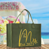 The Mrs. Est. 2023 Gold Color Print Tote Bag 100% Cotton Canvas Bridal Party Tote Bachelorette Bag Bridal Chic Tote Bags Wedding Totes - Aaria Tees Aaria Tees