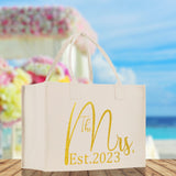 The Mrs. Est. 2023 Gold Color Print Tote Bag 100% Cotton Canvas Bridal Party Tote Bachelorette Bag Bridal Chic Tote Bags Wedding Totes - Aaria Tees Aaria Tees