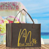 The Mrs. Est. 2023 Gold Color Print Tote Bag 100% Cotton Canvas Bridal Party Tote Bachelorette Bag Bridal Chic Tote Bags Wedding Totes - Aaria Tees Aaria Tees