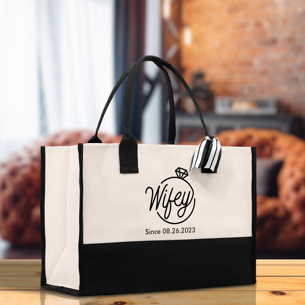 Wifey Personalization Cotton Canvas Tote Bag Bridal Party Tote Anniversary Gift For Wife Honeymoon Tote Est Year Tote Bag Engagement Gift - Aaria Tees