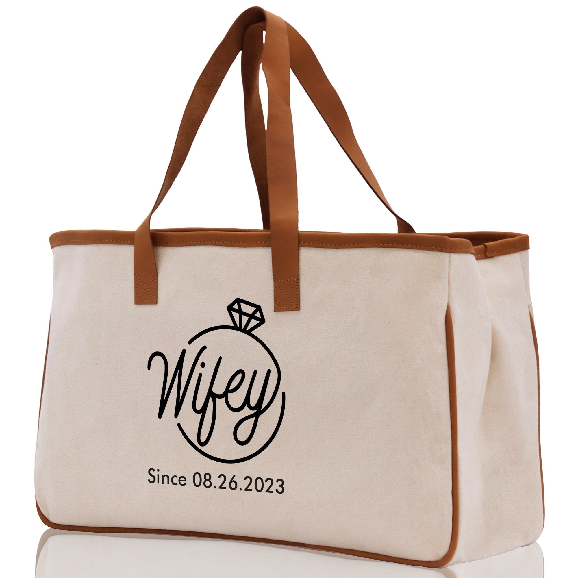 Wifey Personalization Cotton Canvas Tote Bag Bridal Party Tote Anniversary Gift For Wife Honeymoon Tote Est Year Tote Bag Engagement Gift - Aaria Tees Aaria Tees