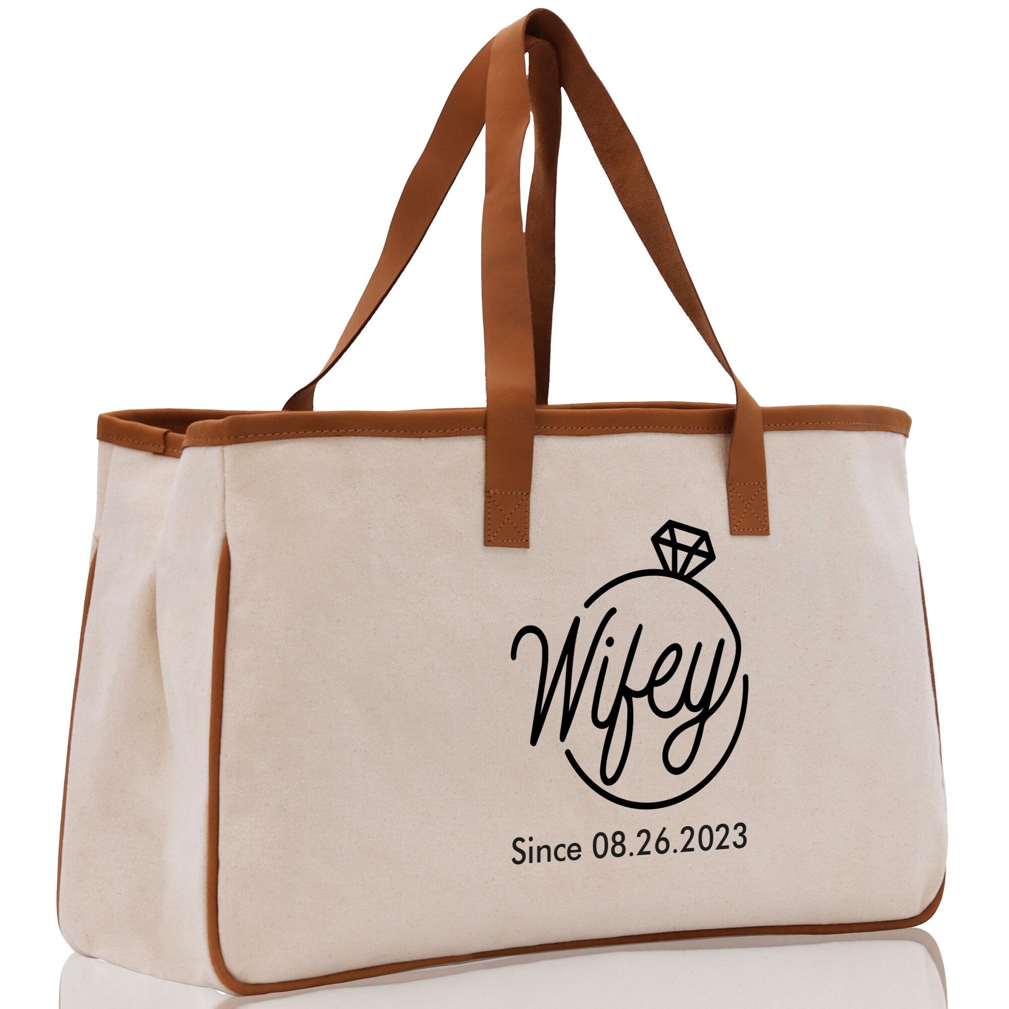 Wifey Personalization Cotton Canvas Tote Bag Bridal Party Tote Anniversary Gift For Wife Honeymoon Tote Est Year Tote Bag Engagement Gift - Aaria Tees Aaria Tees
