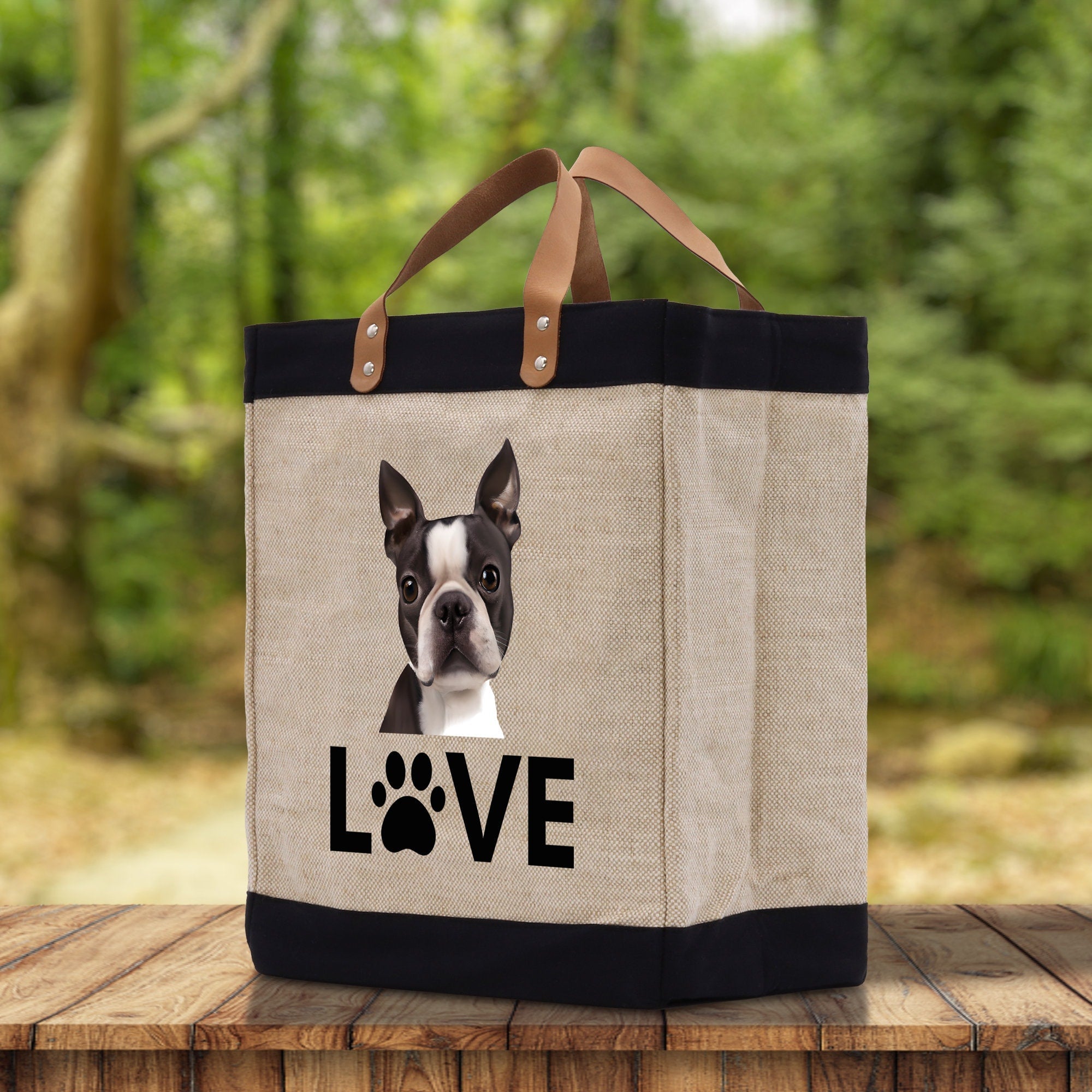 Boston Terrier Love Dog Jute Canvas Tote Funny Farmer Market Bag Quote Jute Bag Shopping Bag Burlap Bag Dog Owner Gift - Aaria Tees Aaria Tees
