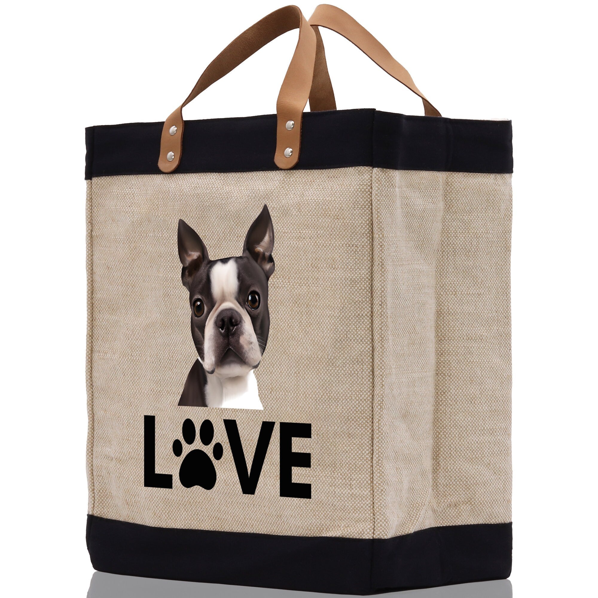 Boston Terrier Love Dog Jute Canvas Tote Funny Farmer Market Bag Quote Jute Bag Shopping Bag Burlap Bag Dog Owner Gift - Aaria Tees Aaria Tees
