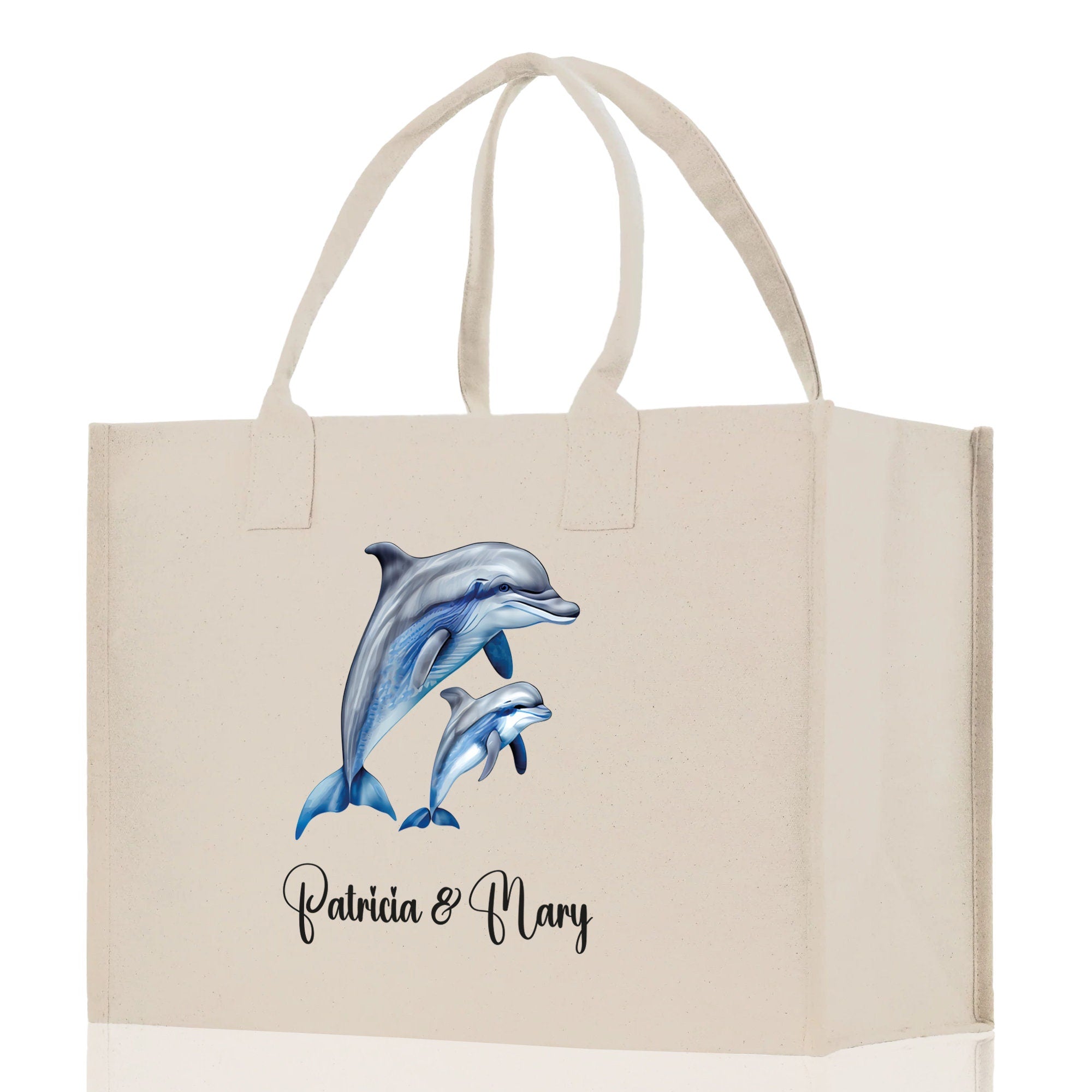Dolphin Mom And Baby Name Custom Cotton Canvas Tote Bag Custom Pet Lover Gift Pet Portrait Bag Personalized Pet Owner Gift Tote Bag - Aaria Tees Aaria Tees