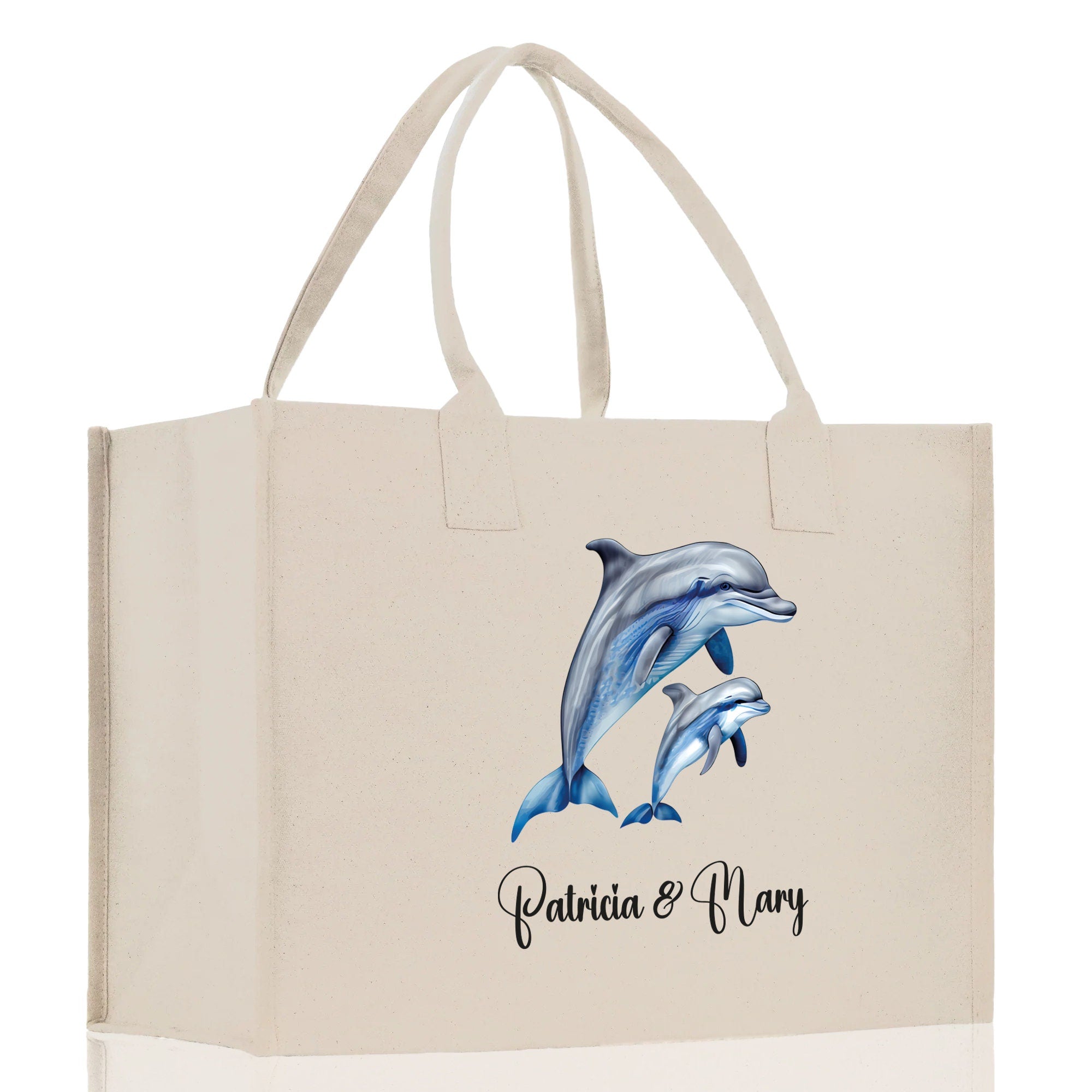 Dolphin Mom And Baby Name Custom Cotton Canvas Tote Bag Custom Pet Lover Gift Pet Portrait Bag Personalized Pet Owner Gift Tote Bag - Aaria Tees Aaria Tees
