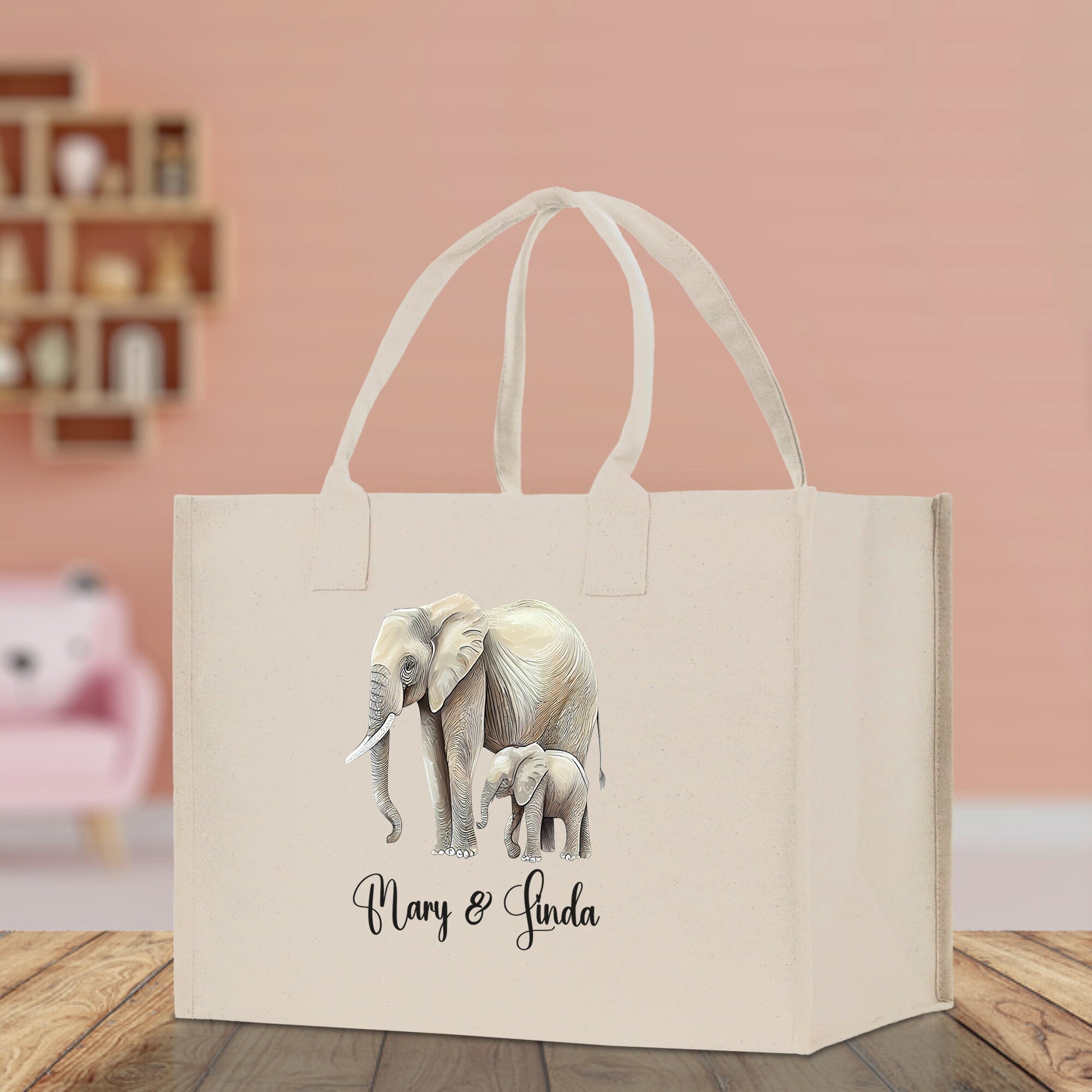 Elephant Mom And Baby Name Custom Cotton Canvas Tote Bag Custom Pet Lover Gift Pet Portrait Bag Personalized Pet Owner Gift Tote Bag - Aaria Tees Aaria Tees