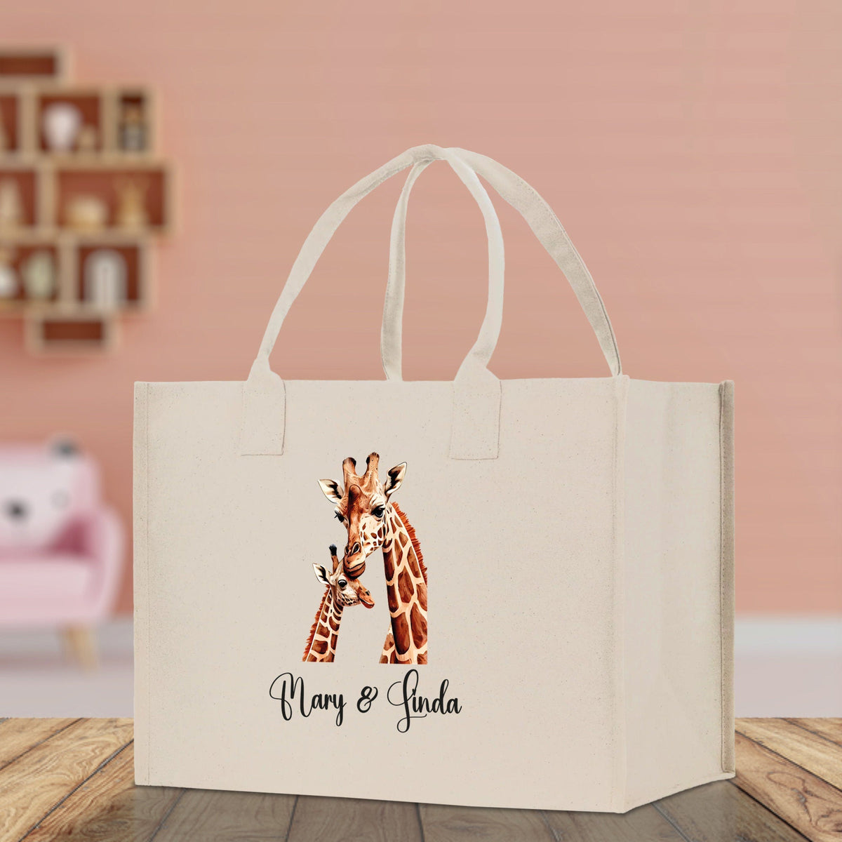 Giraffe Mom And Baby Name Custom Cotton Canvas Tote Bag Custom Pet Lover Gift Pet Portrait Bag Personalized Pet Owner Gift Tote Bag - Aaria Tees