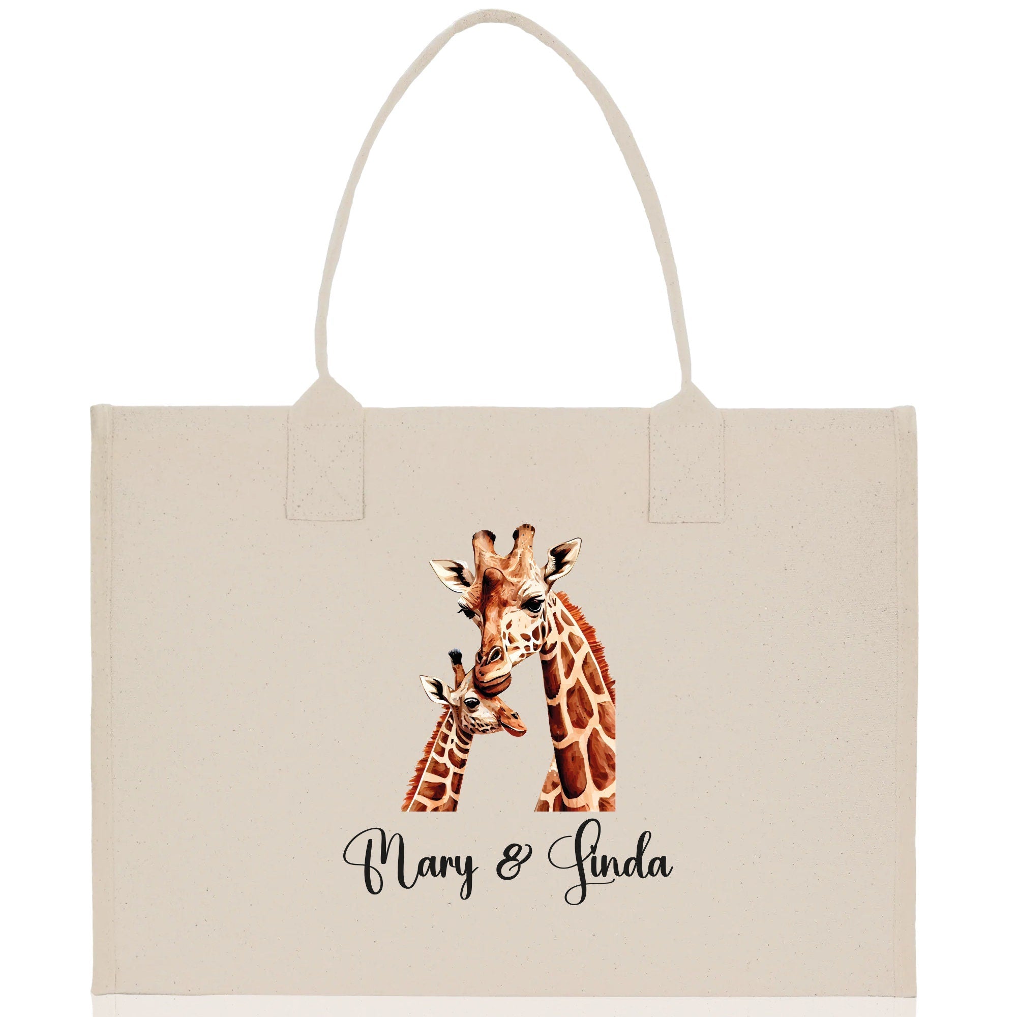 Giraffe Mom And Baby Name Custom Cotton Canvas Tote Bag Custom Pet Lover Gift Pet Portrait Bag Personalized Pet Owner Gift Tote Bag - Aaria Tees Aaria Tees
