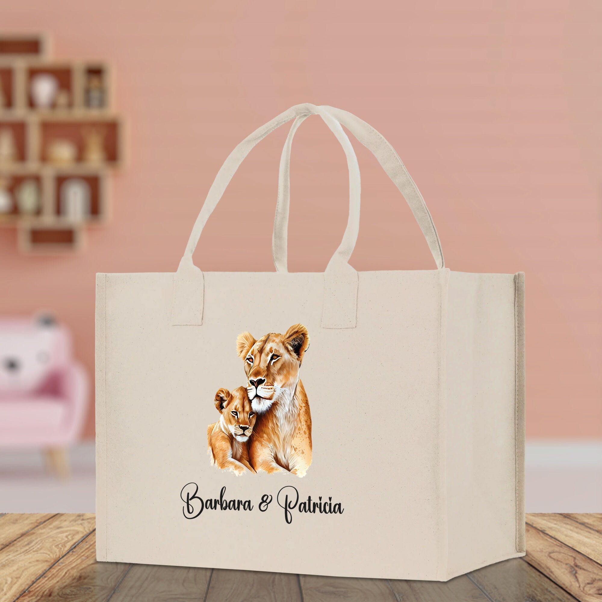 Lion Mom And Baby Name Custom Cotton Canvas Tote Bag Custom Pet Lover Gift Pet Portrait Bag Personalized Pet Owner Gift Tote Bag - Aaria Tees Aaria Tees