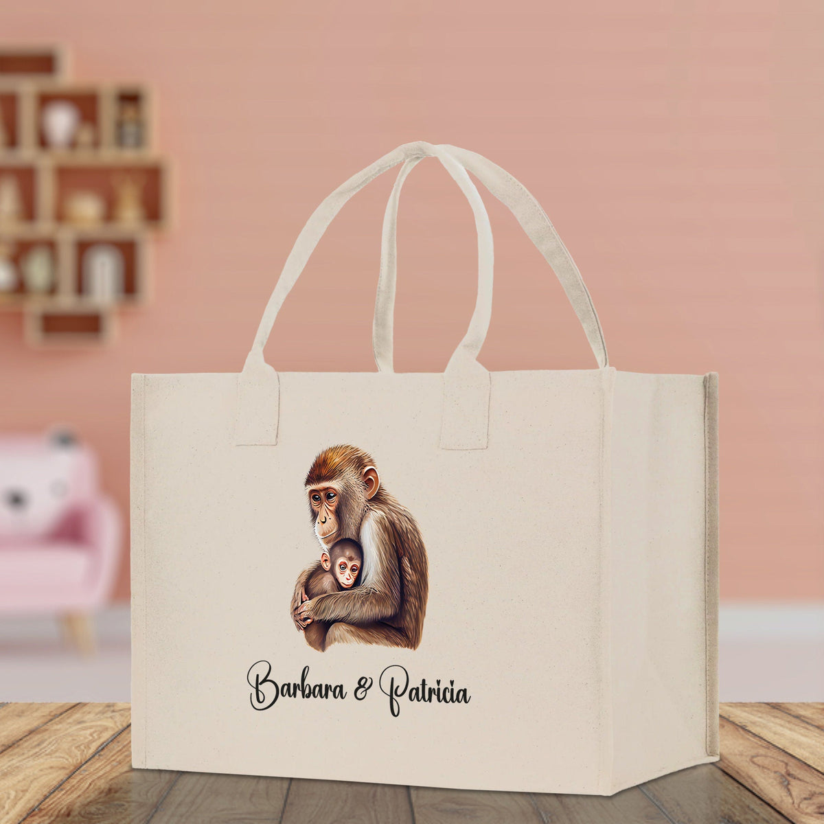 Monkey Mom And Baby Name Custom Cotton Canvas Tote Bag Custom Pet Lover Gift Pet Portrait Bag Personalized Pet Owner Gift Tote Bag - Aaria Tees