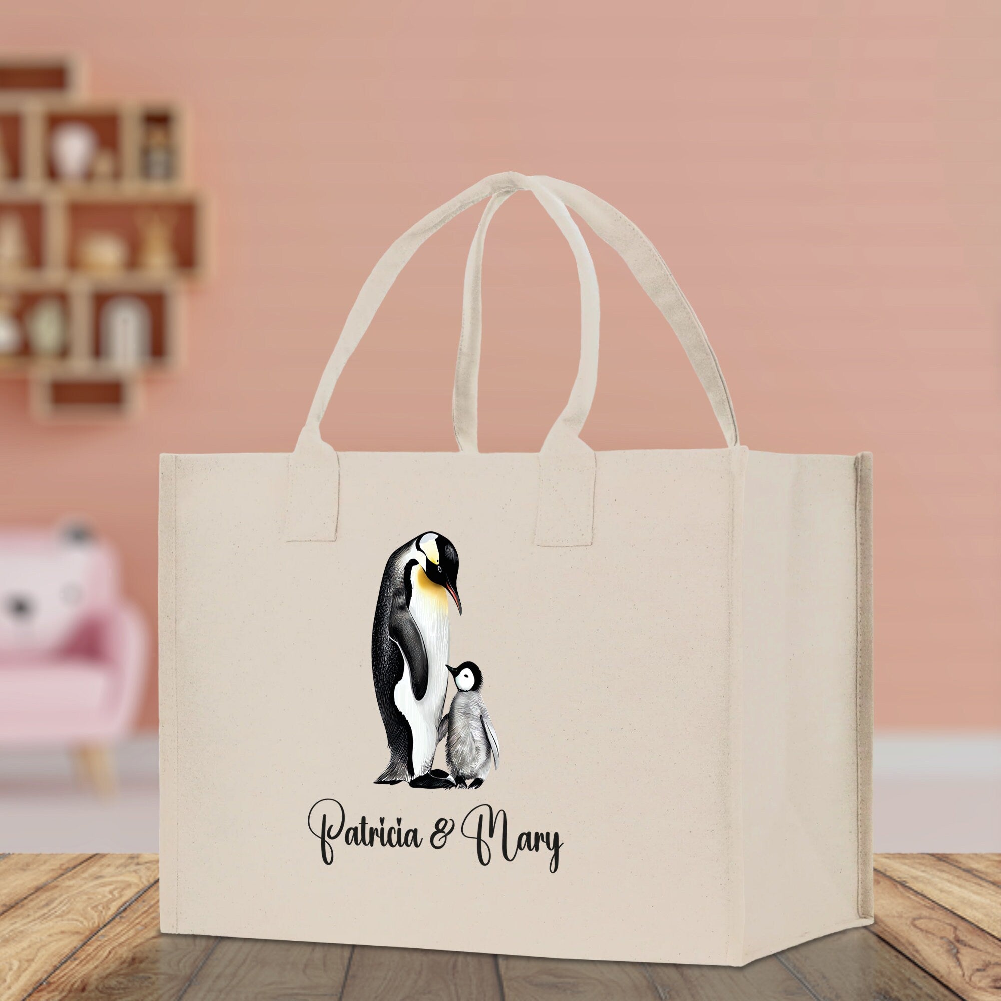 Penguin Mom And Baby Name Custom Cotton Canvas Tote Bag Custom Pet Lover Gift Pet Portrait Bag Personalized Pet Owner Gift Tote Bag - Aaria Tees Aaria Tees