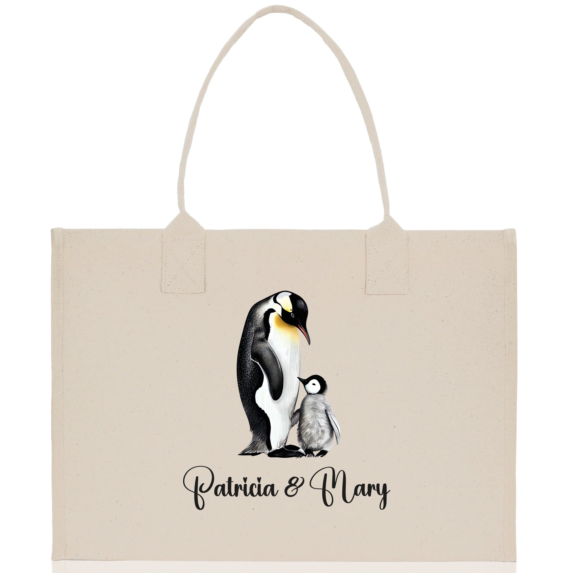 Penguin Mom And Baby Name Custom Cotton Canvas Tote Bag Custom Pet Lover Gift Pet Portrait Bag Personalized Pet Owner Gift Tote Bag - Aaria Tees Aaria Tees