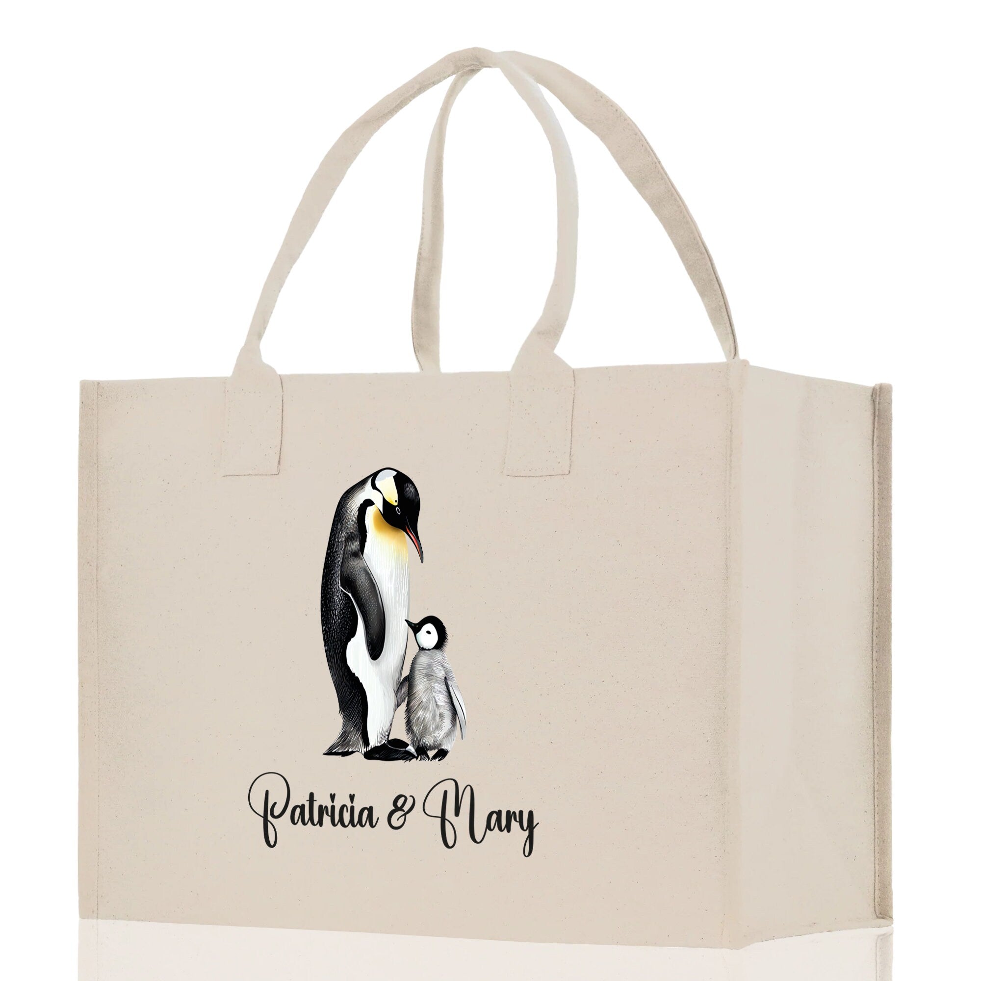Penguin Mom And Baby Name Custom Cotton Canvas Tote Bag Custom Pet Lover Gift Pet Portrait Bag Personalized Pet Owner Gift Tote Bag - Aaria Tees Aaria Tees