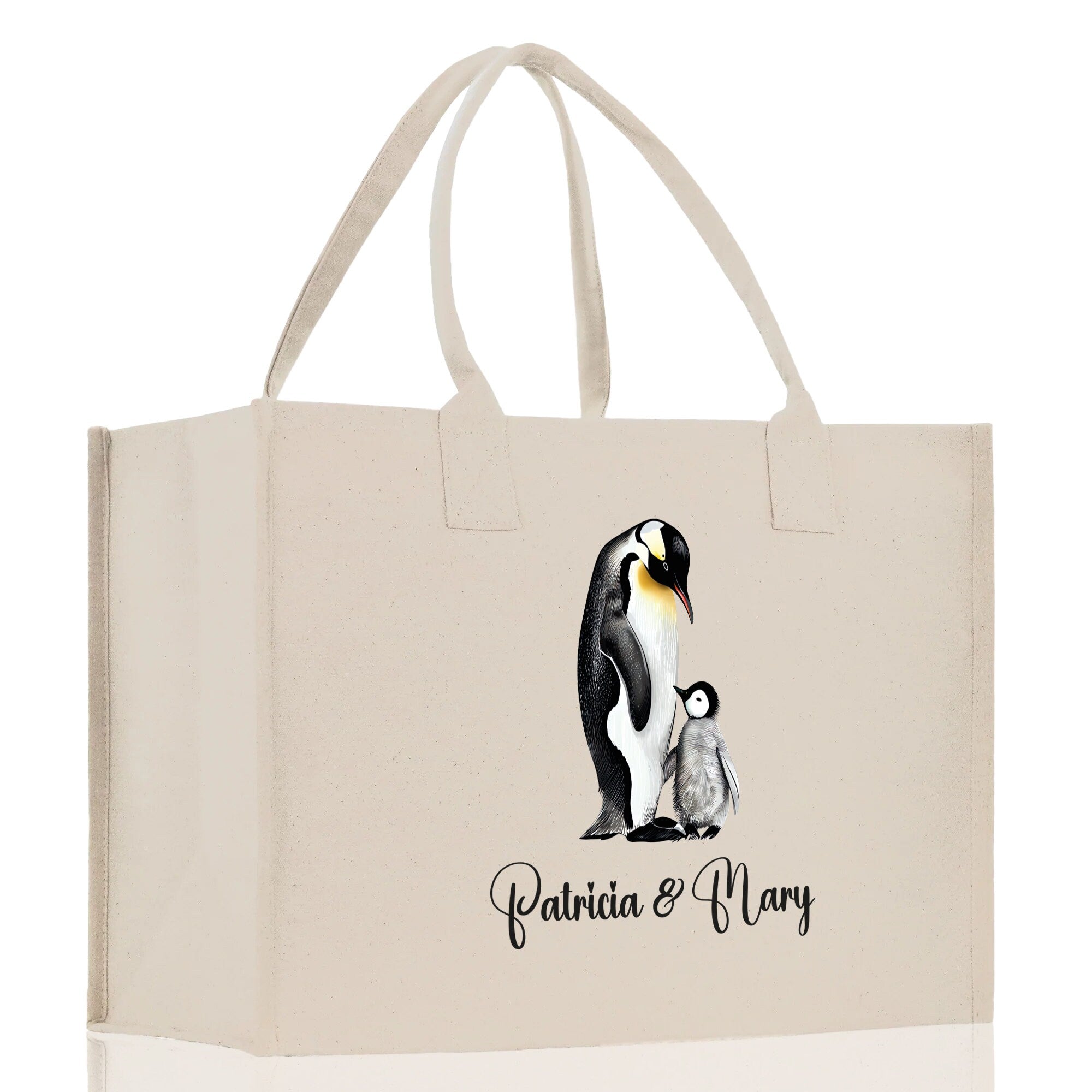 Penguin Mom And Baby Name Custom Cotton Canvas Tote Bag Custom Pet Lover Gift Pet Portrait Bag Personalized Pet Owner Gift Tote Bag - Aaria Tees Aaria Tees