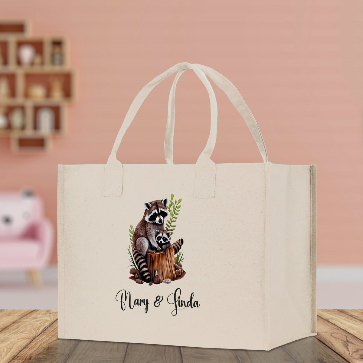 Raccoon Mom And Baby Name Custom Cotton Canvas Tote Bag Custom Pet Lover Gift Pet Portrait Bag Personalized Pet Owner Gift Tote Bag - Aaria Tees