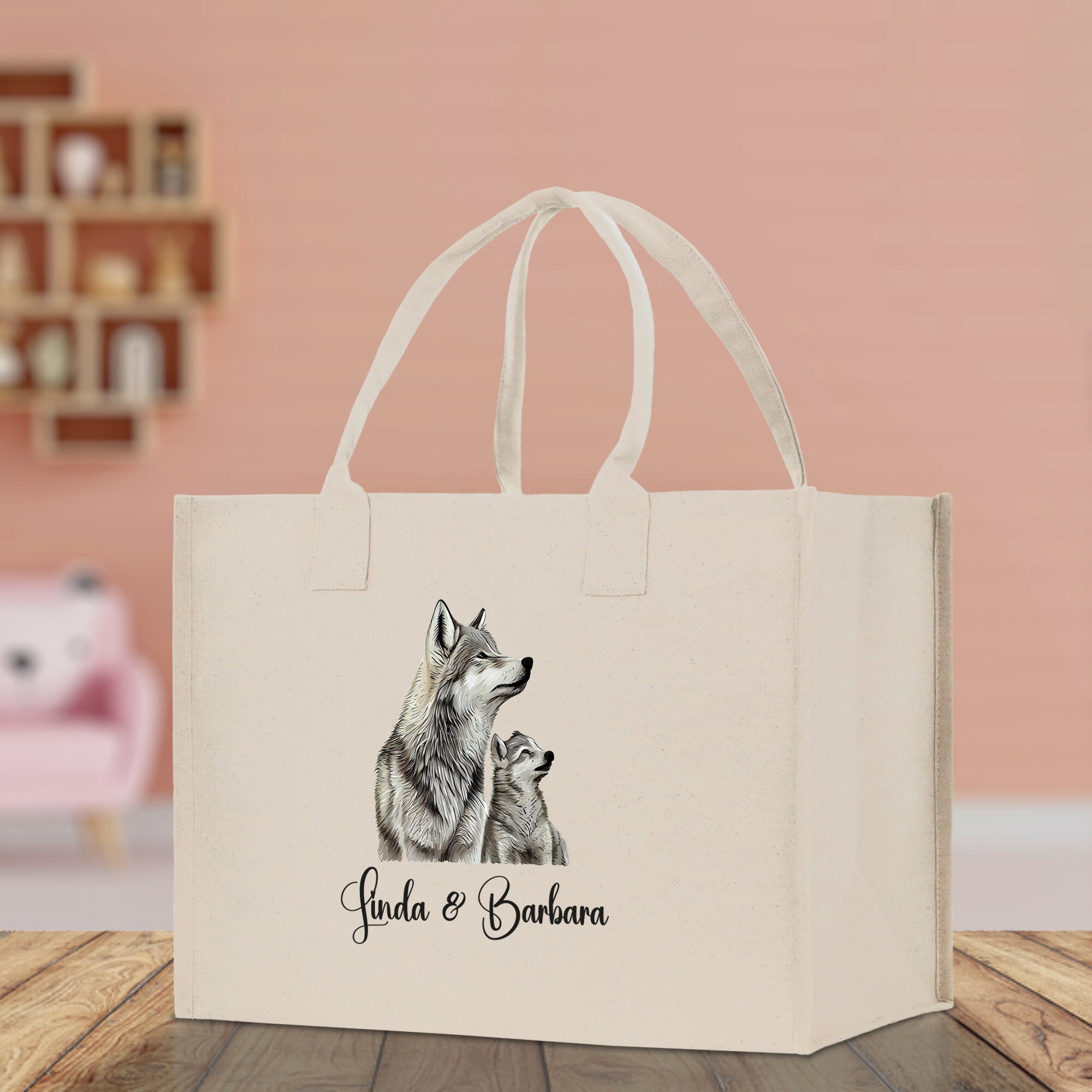 Wolf Mom And Baby Name Custom Cotton Canvas Tote Bag Custom Pet Lover Gift Pet Portrait Bag Personalized Pet Owner Gift Tote Bag - Aaria Tees Aaria Tees
