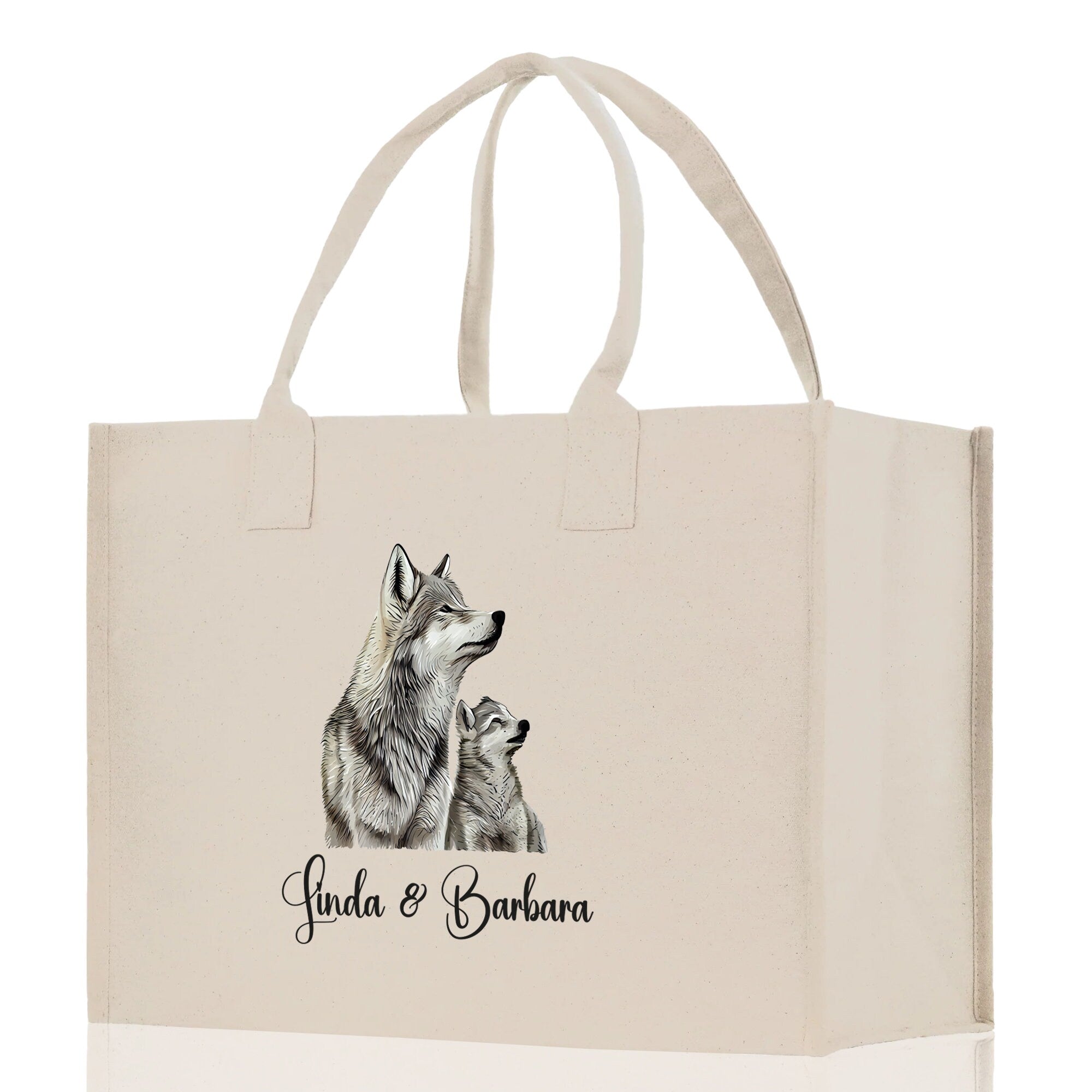 Wolf Mom And Baby Name Custom Cotton Canvas Tote Bag Custom Pet Lover Gift Pet Portrait Bag Personalized Pet Owner Gift Tote Bag - Aaria Tees Aaria Tees
