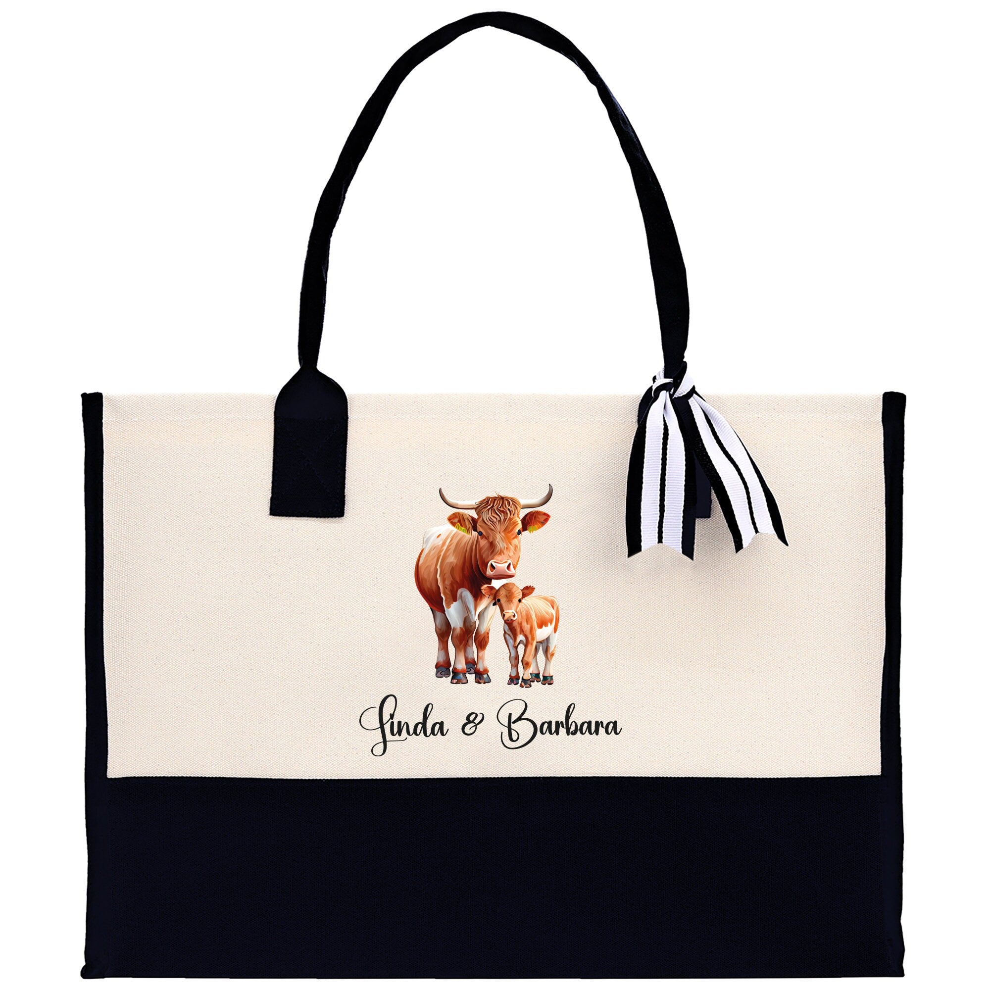 Cow Mom And Baby Name Custom Cotton Canvas Tote Bag Custom Pet Lover Gift Pet Portrait Bag Personalized Pet Owner Gift Tote Bag - Aaria Tees Aaria Tees
