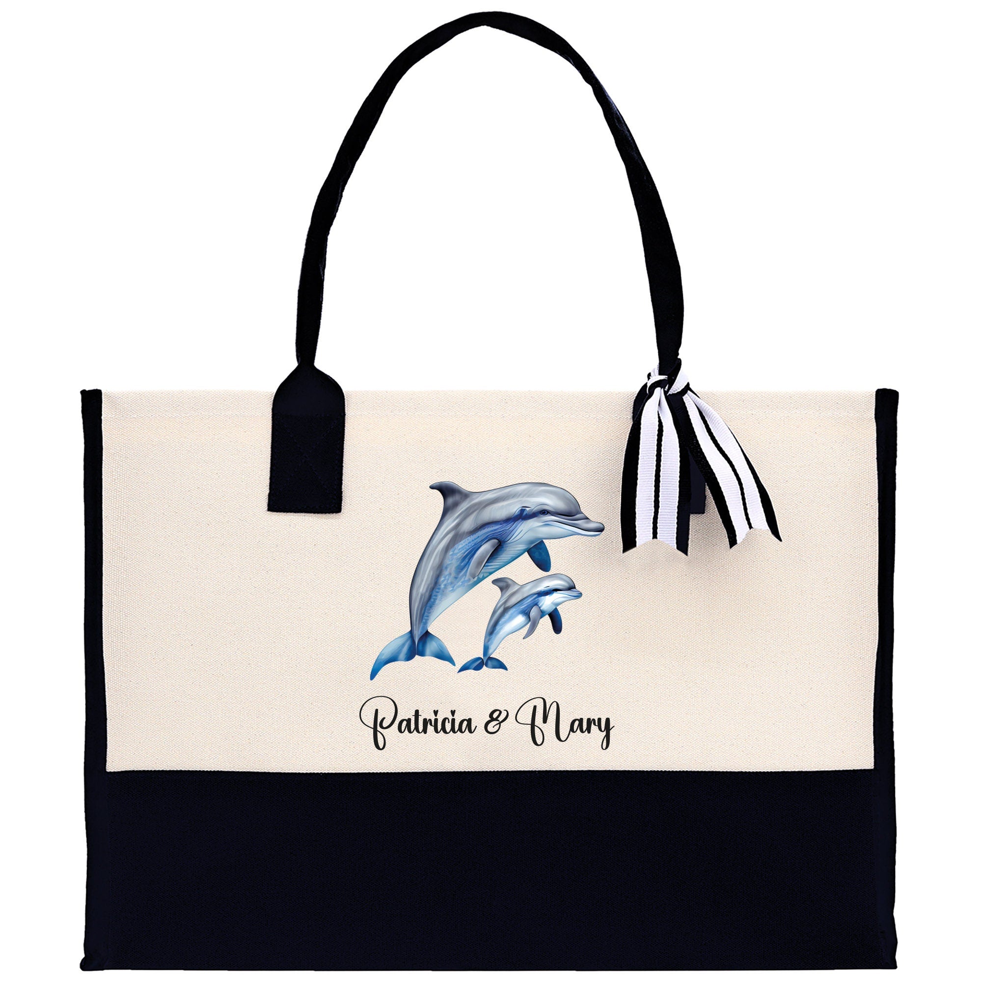 Dolphin Mom And Baby Name Custom Cotton Canvas Tote Bag Custom Pet Lover Gift Pet Portrait Bag Personalized Pet Owner Gift Tote Bag - Aaria Tees Aaria Tees
