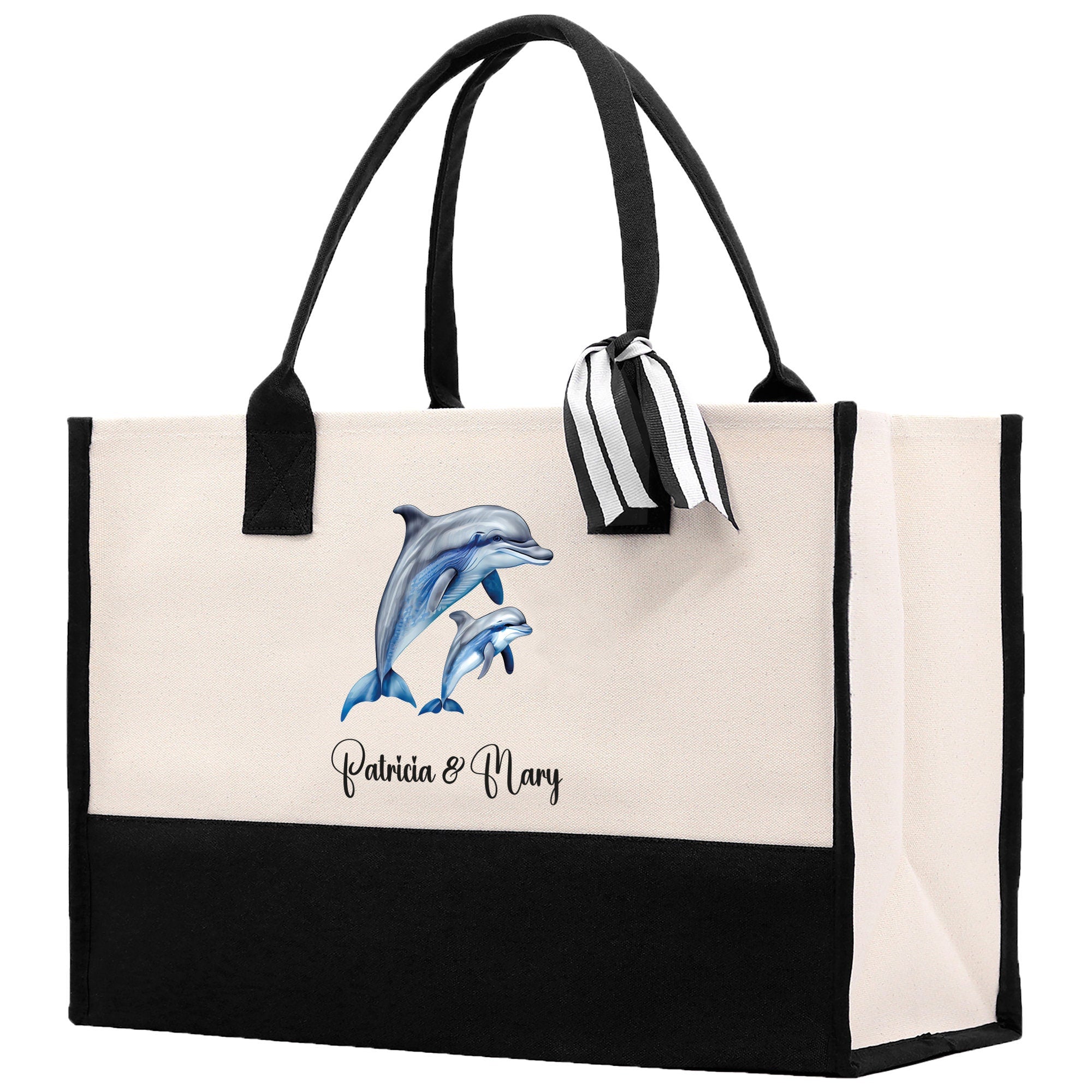 Dolphin Mom And Baby Name Custom Cotton Canvas Tote Bag Custom Pet Lover Gift Pet Portrait Bag Personalized Pet Owner Gift Tote Bag - Aaria Tees Aaria Tees