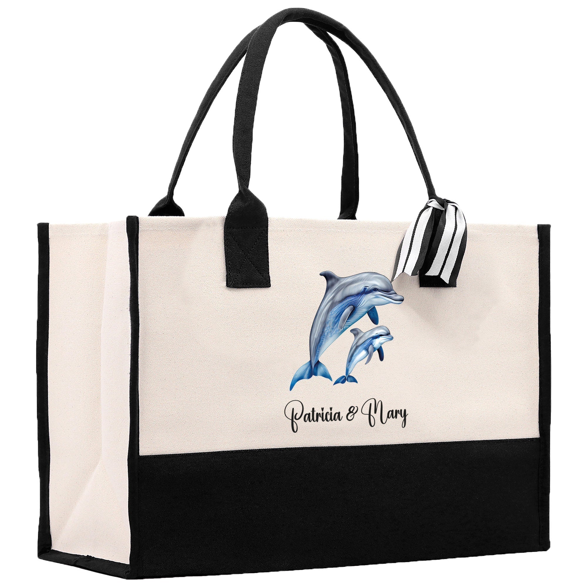 Dolphin Mom And Baby Name Custom Cotton Canvas Tote Bag Custom Pet Lover Gift Pet Portrait Bag Personalized Pet Owner Gift Tote Bag - Aaria Tees Aaria Tees