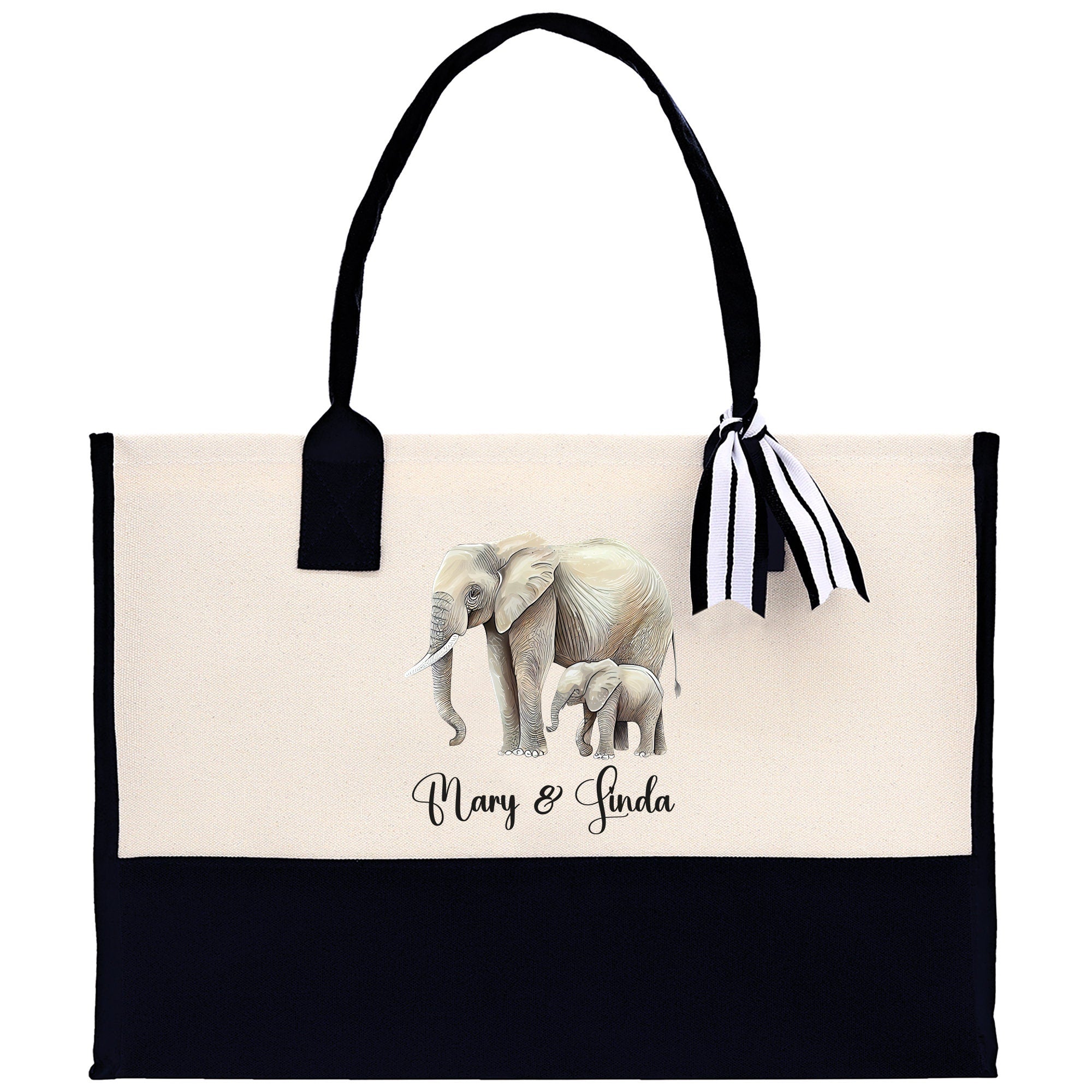 Elephant Mom And Baby Name Custom Cotton Canvas Tote Bag Custom Pet Lover Gift Pet Portrait Bag Personalized Pet Owner Gift Tote Bag - Aaria Tees Aaria Tees