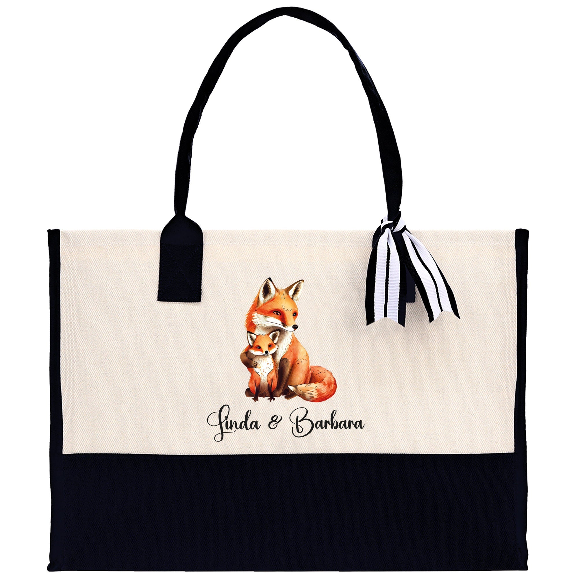 Fox Mom And Baby Name Custom Cotton Canvas Tote Bag Custom Pet Lover Gift Pet Portrait Bag Personalized Pet Owner Gift Tote Bag - Aaria Tees Aaria Tees