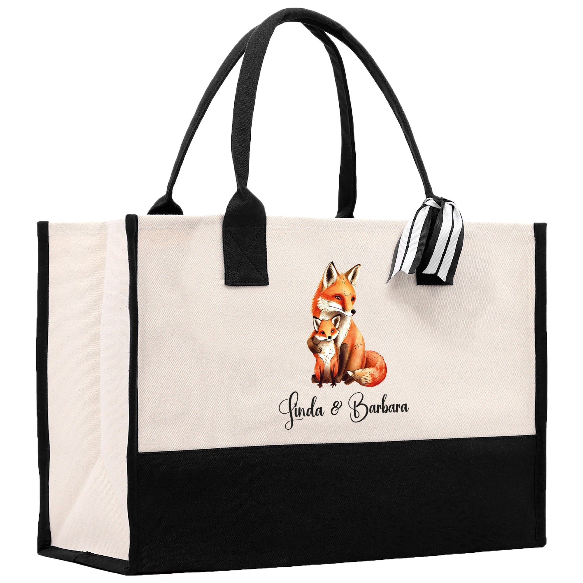 Fox Mom And Baby Name Custom Cotton Canvas Tote Bag Custom Pet Lover Gift Pet Portrait Bag Personalized Pet Owner Gift Tote Bag - Aaria Tees Aaria Tees
