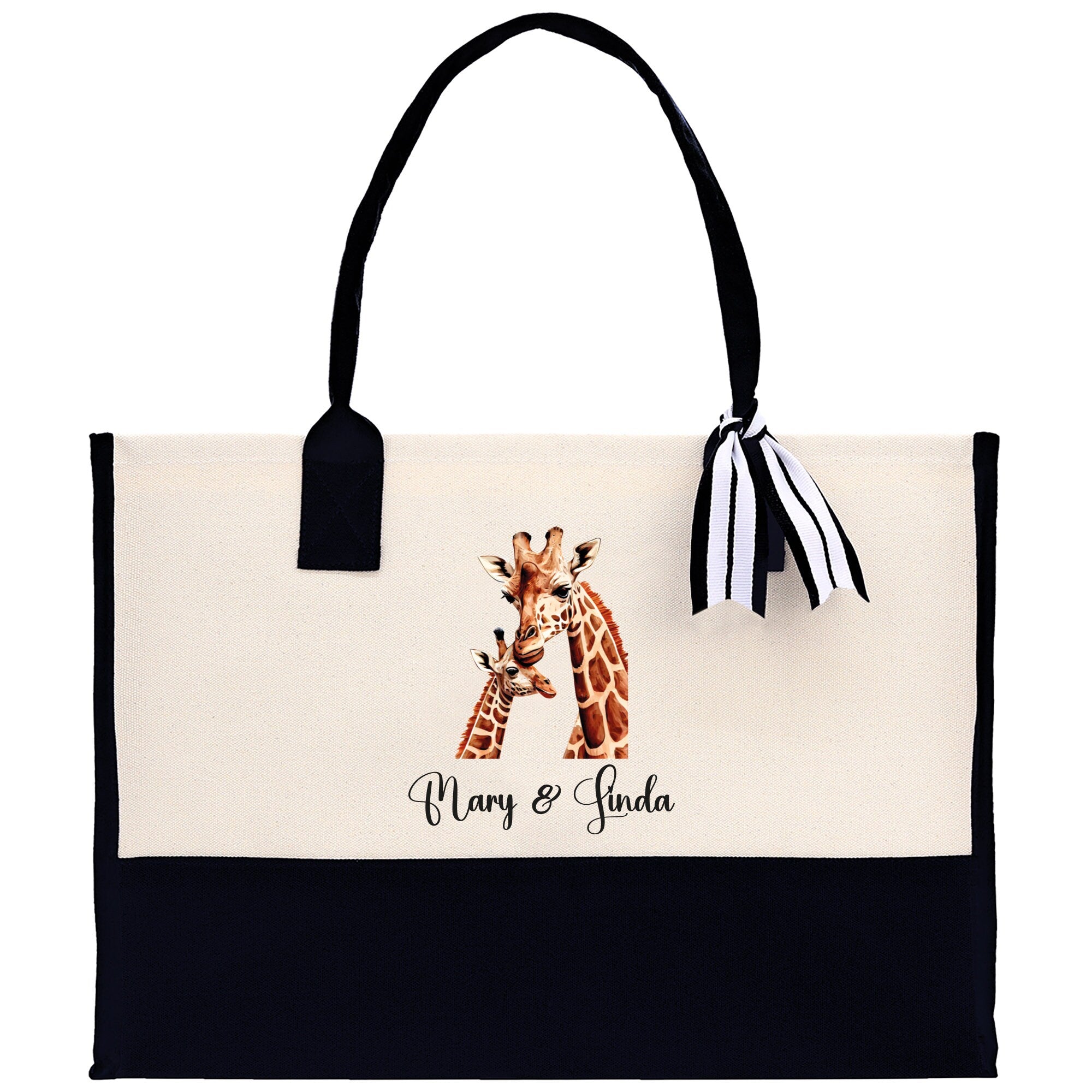Giraffe Mom And Baby Name Custom Cotton Canvas Tote Bag Custom Pet Lover Gift Pet Portrait Bag Personalized Pet Owner Gift Tote Bag - Aaria Tees Aaria Tees