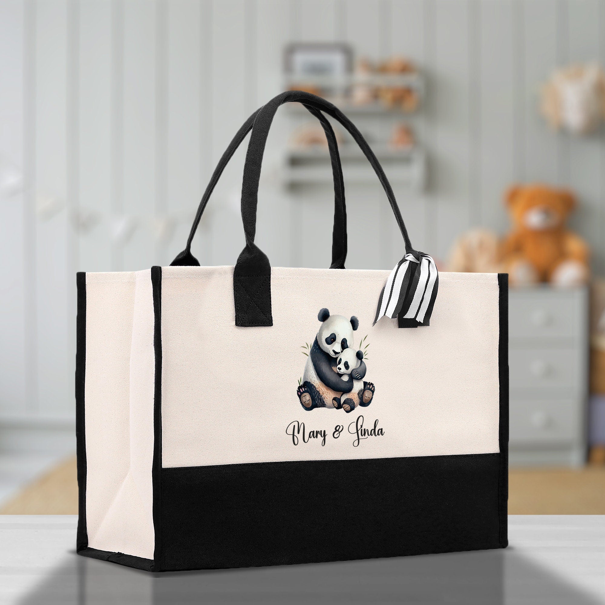 Panda Mom And Baby Name Custom Cotton Canvas Tote Bag Custom Pet Lover Gift Pet Portrait Bag Personalized Pet Owner Gift Tote Bag - Aaria Tees Aaria Tees
