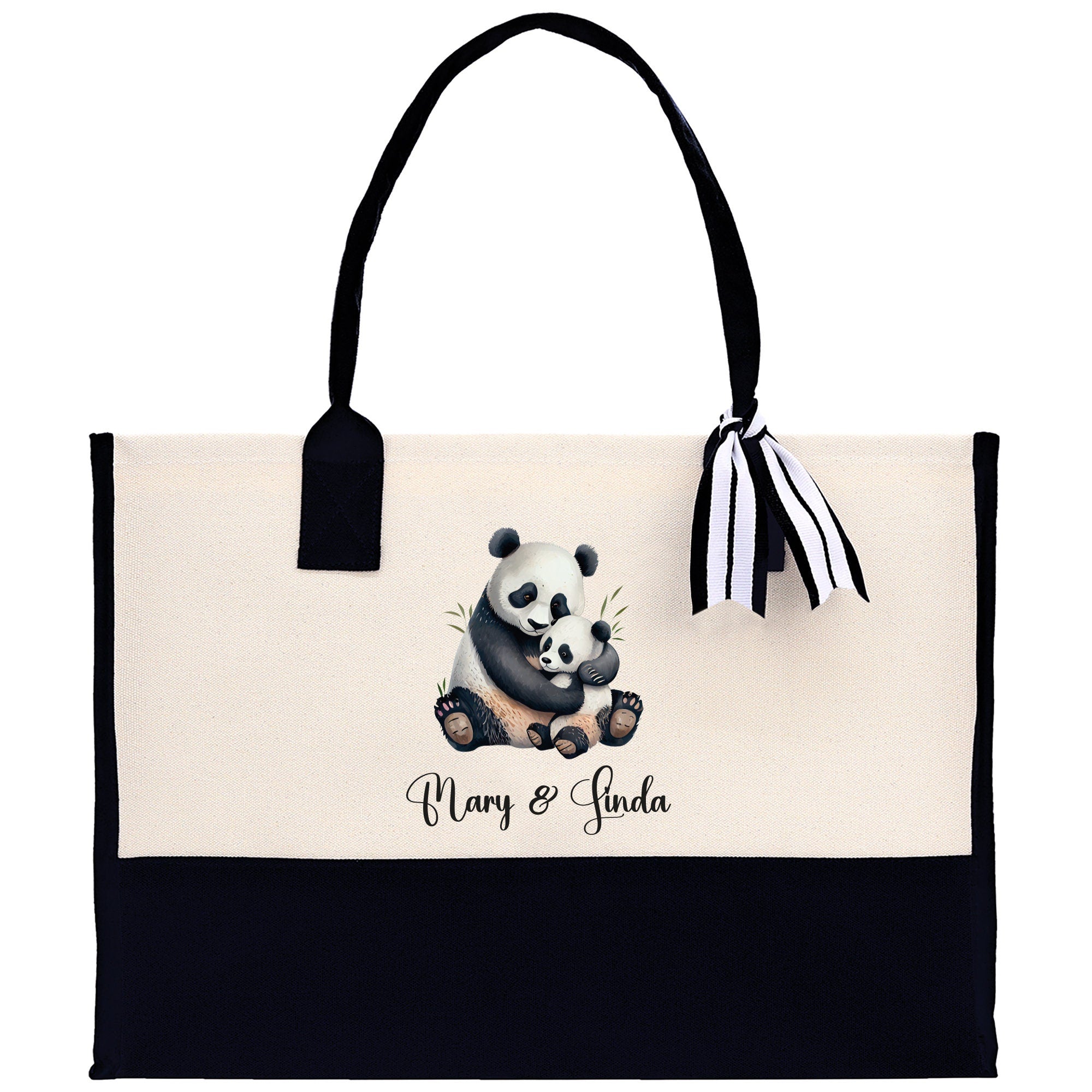 Panda Mom And Baby Name Custom Cotton Canvas Tote Bag Custom Pet Lover Gift Pet Portrait Bag Personalized Pet Owner Gift Tote Bag - Aaria Tees Aaria Tees