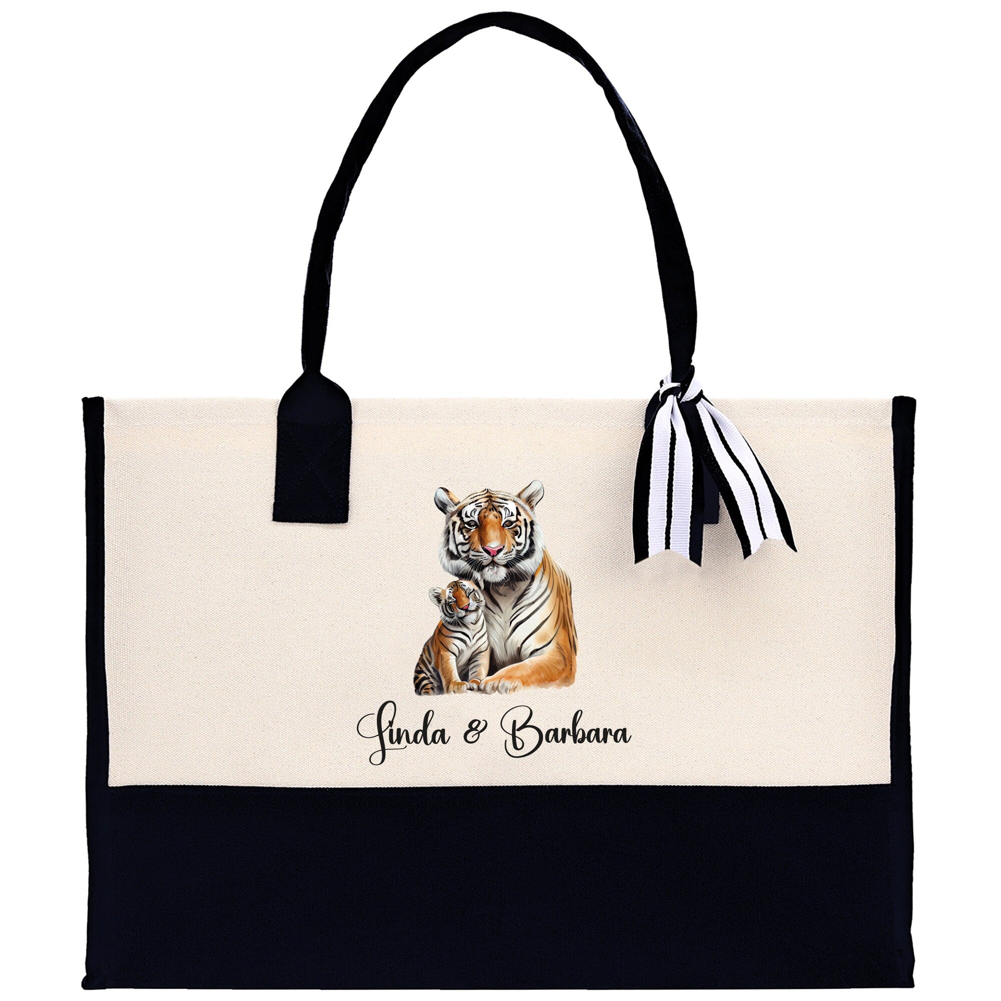 Tiger Mom And Baby Name Custom Cotton Canvas Tote Bag Custom Pet Lover Gift Pet Portrait Bag Personalized Pet Owner Gift Tote Bag - Aaria Tees Aaria Tees