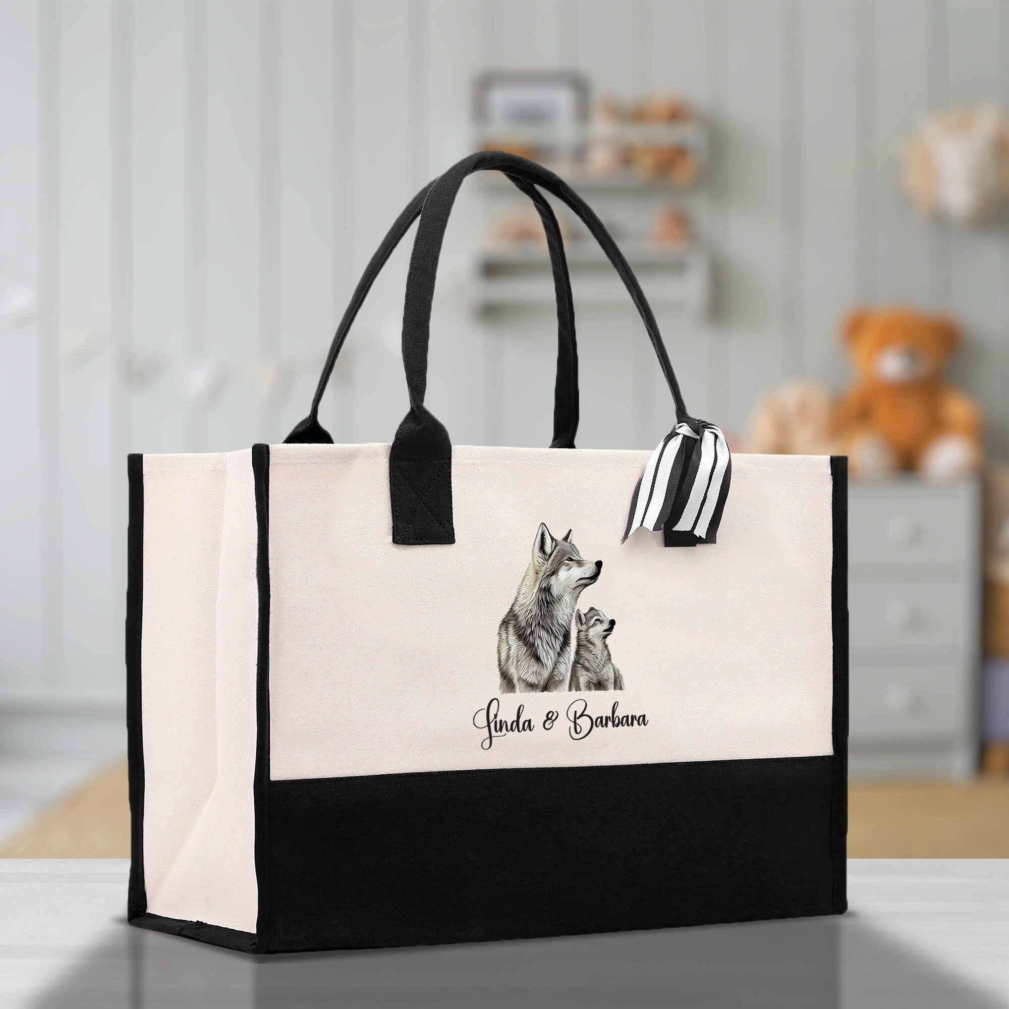 Wolf Mom And Baby Name Custom Cotton Canvas Tote Bag Custom Pet Lover Gift Pet Portrait Bag Personalized Pet Owner Gift Tote Bag - Aaria Tees Aaria Tees