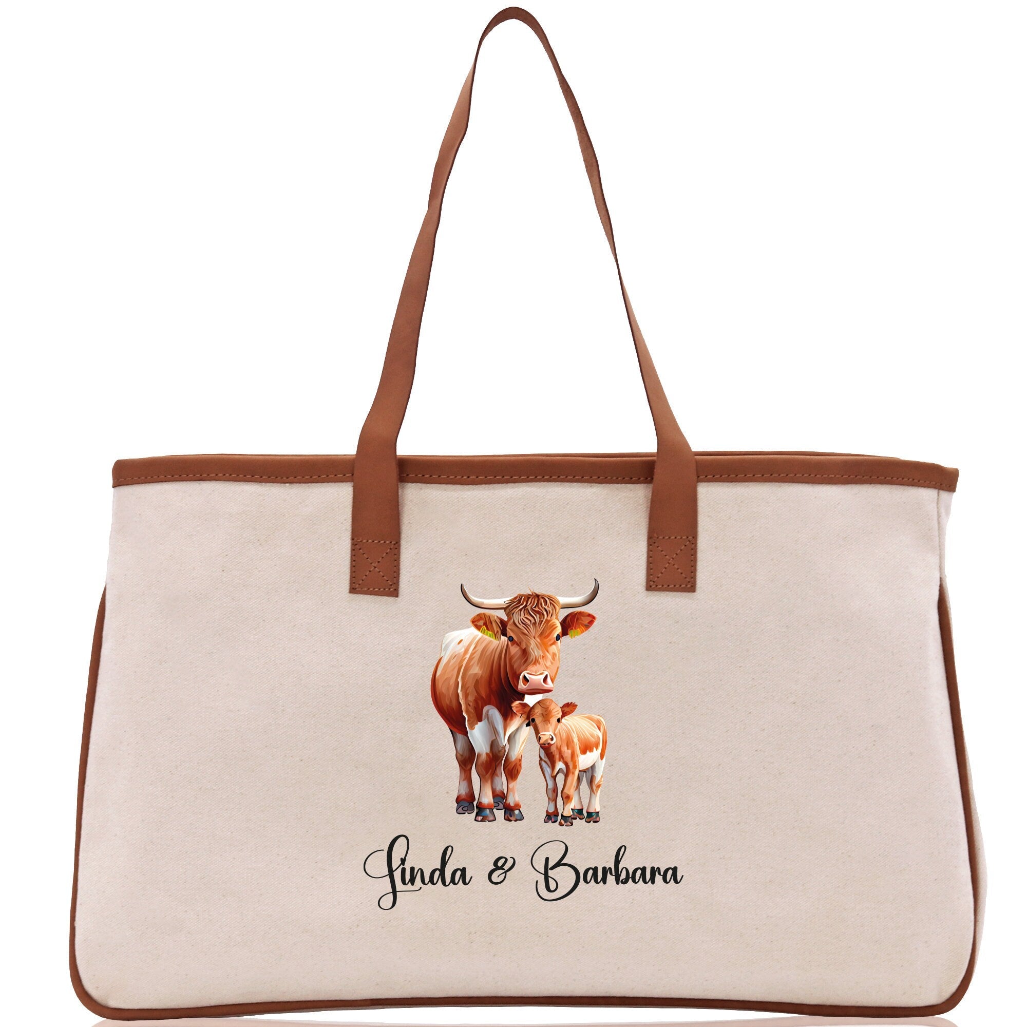 Cow Mom And Baby Name Custom Cotton Canvas Tote Bag Custom Pet Lover Gift Pet Portrait Bag Personalized Pet Owner Gift Tote Bag - Aaria Tees Aaria Tees