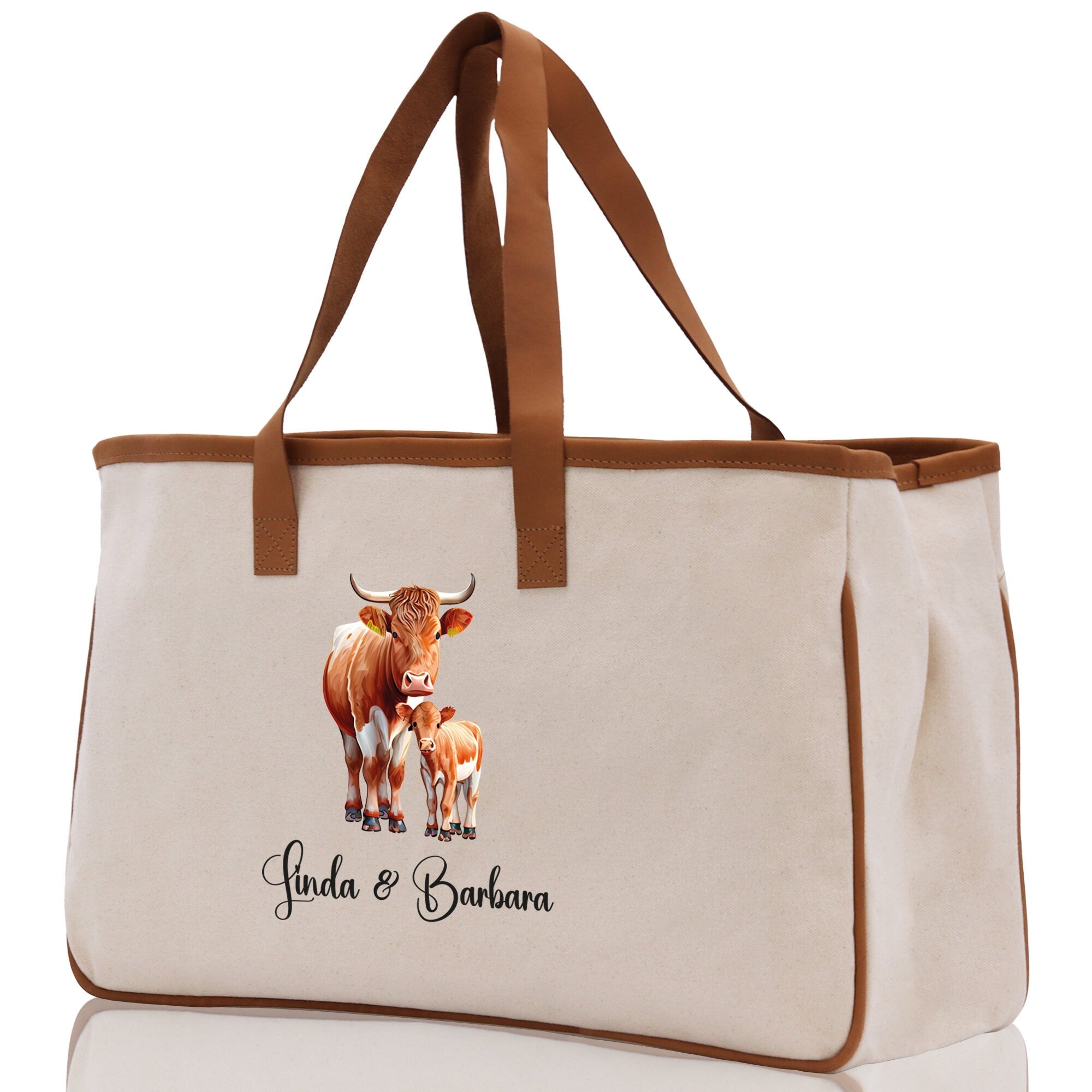 Cow Mom And Baby Name Custom Cotton Canvas Tote Bag Custom Pet Lover Gift Pet Portrait Bag Personalized Pet Owner Gift Tote Bag - Aaria Tees Aaria Tees