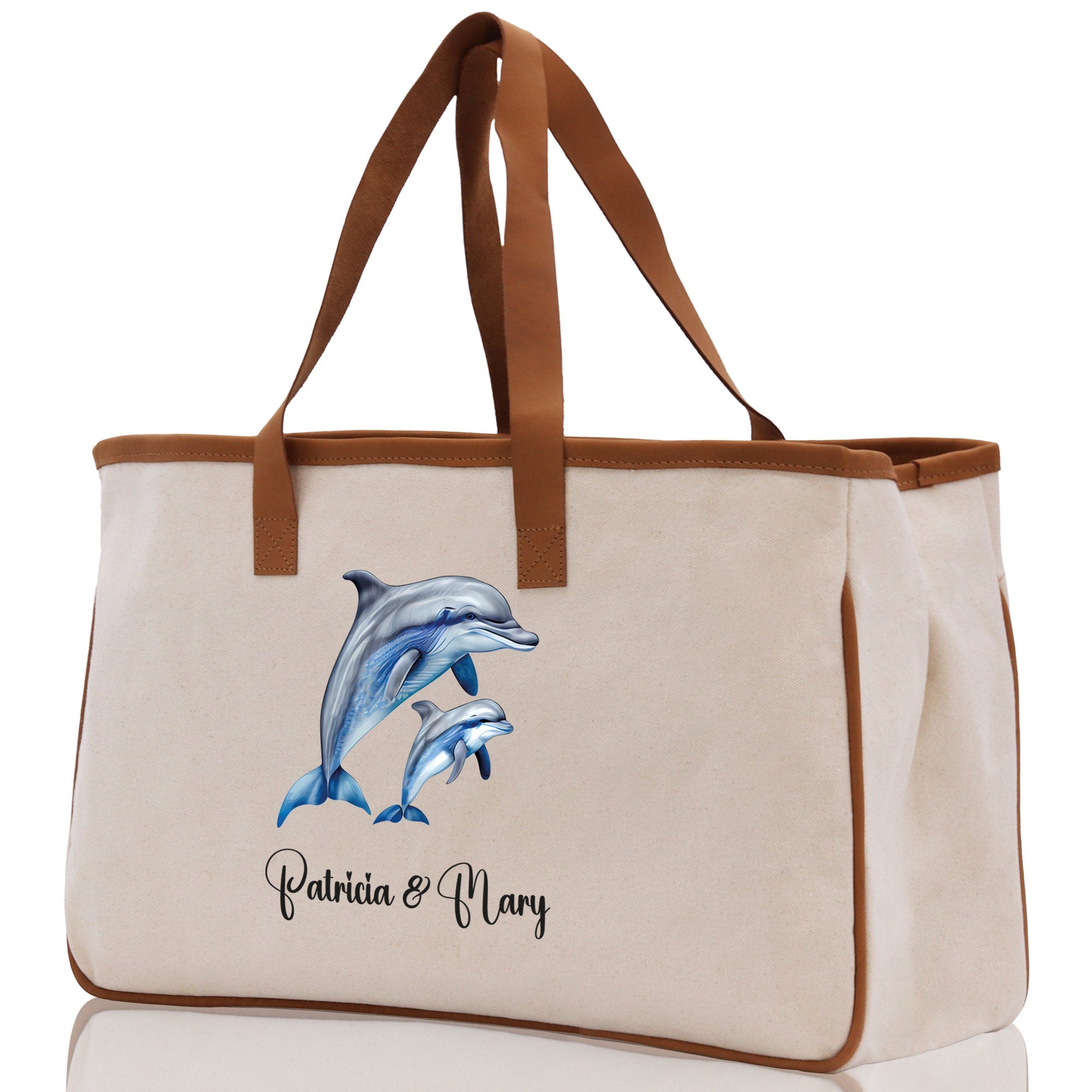 Dolphin Mom And Baby Name Custom Cotton Canvas Tote Bag Custom Pet Lover Gift Pet Portrait Bag Personalized Pet Owner Gift Tote Bag - Aaria Tees Aaria Tees