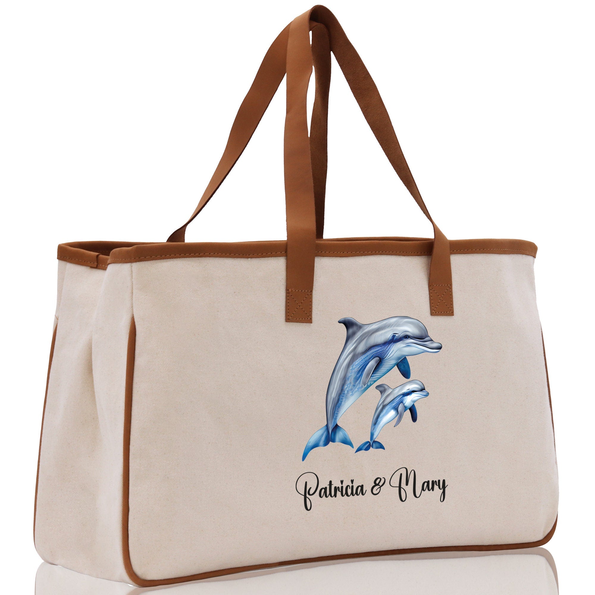 Dolphin Mom And Baby Name Custom Cotton Canvas Tote Bag Custom Pet Lover Gift Pet Portrait Bag Personalized Pet Owner Gift Tote Bag - Aaria Tees Aaria Tees