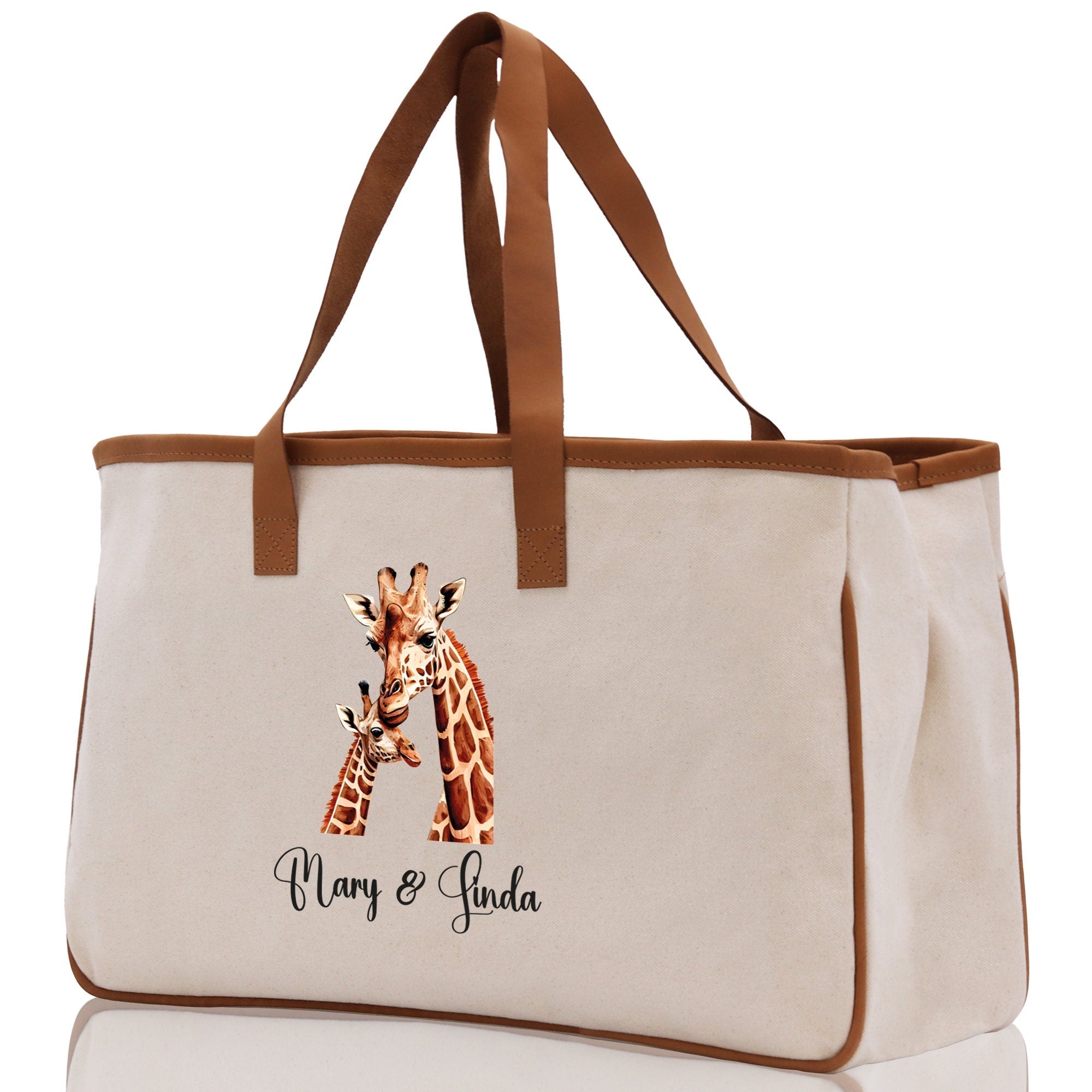 Giraffe Mom And Baby Name Custom Cotton Canvas Tote Bag Custom Pet Lover Gift Pet Portrait Bag Personalized Pet Owner Gift Tote Bag - Aaria Tees Aaria Tees