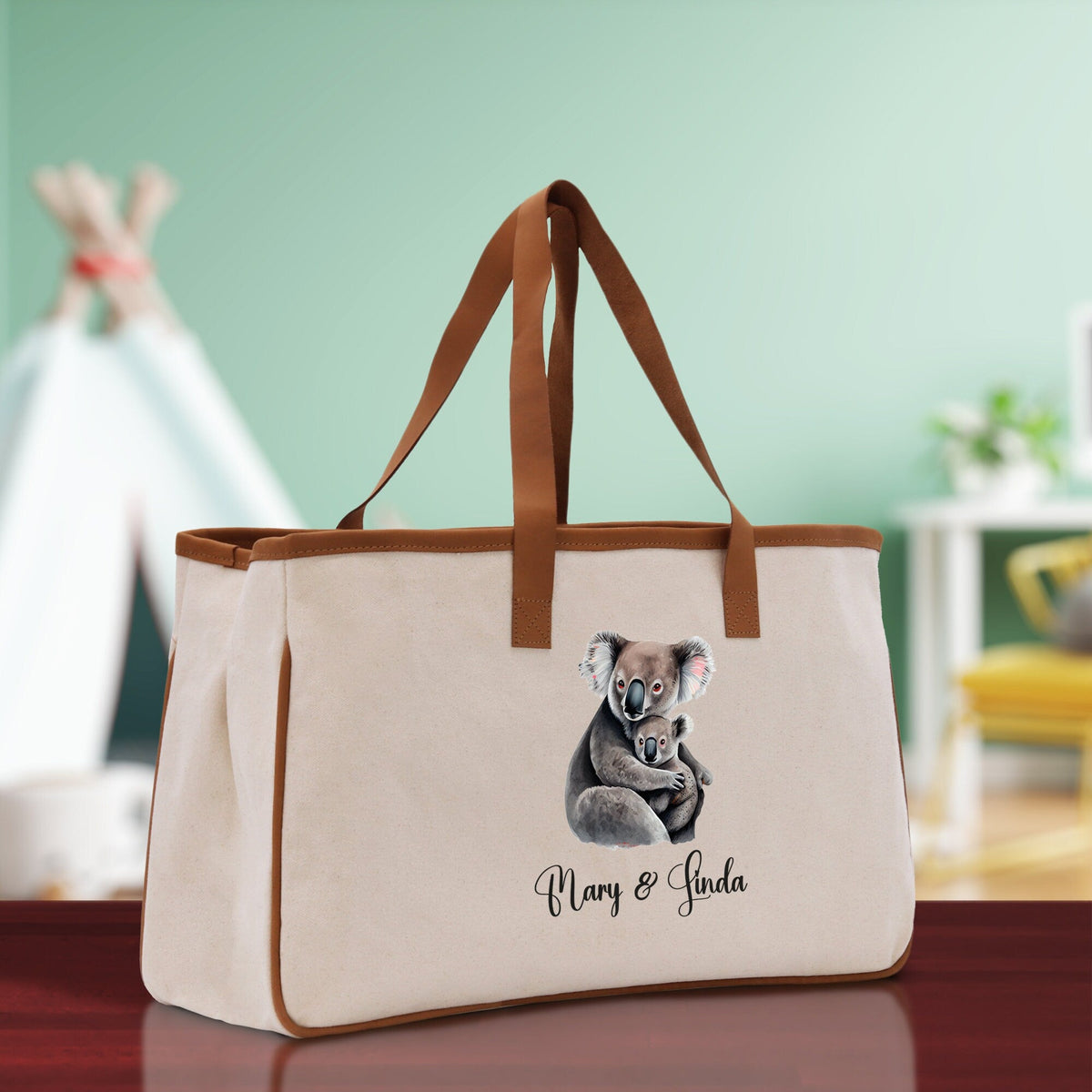 Koala Mom And Baby Name Custom Cotton Canvas Tote Bag Custom Pet Lover Gift Pet Portrait Bag Personalized Pet Owner Gift Tote Bag - Aaria Tees