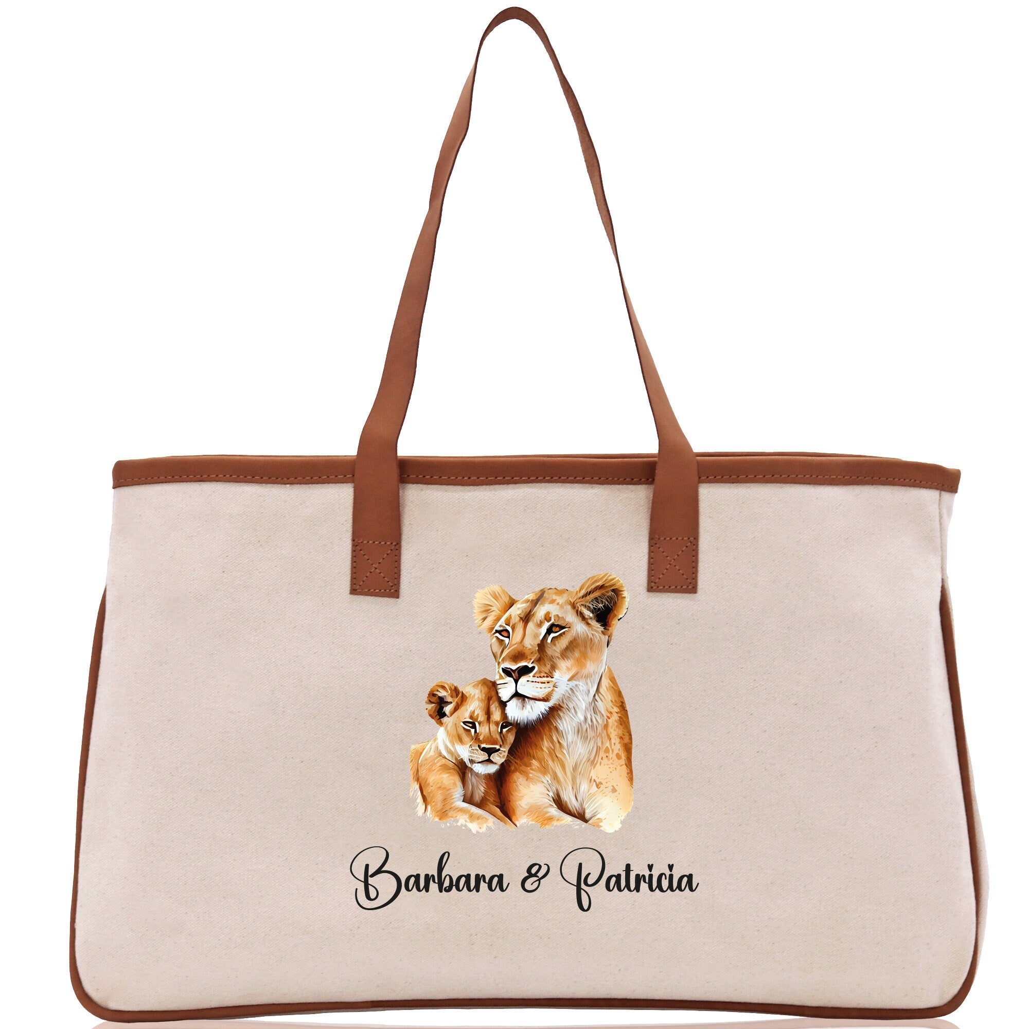 Lion Mom And Baby Name Custom Cotton Canvas Tote Bag Custom Pet Lover Gift Pet Portrait Bag Personalized Pet Owner Gift Tote Bag - Aaria Tees Aaria Tees