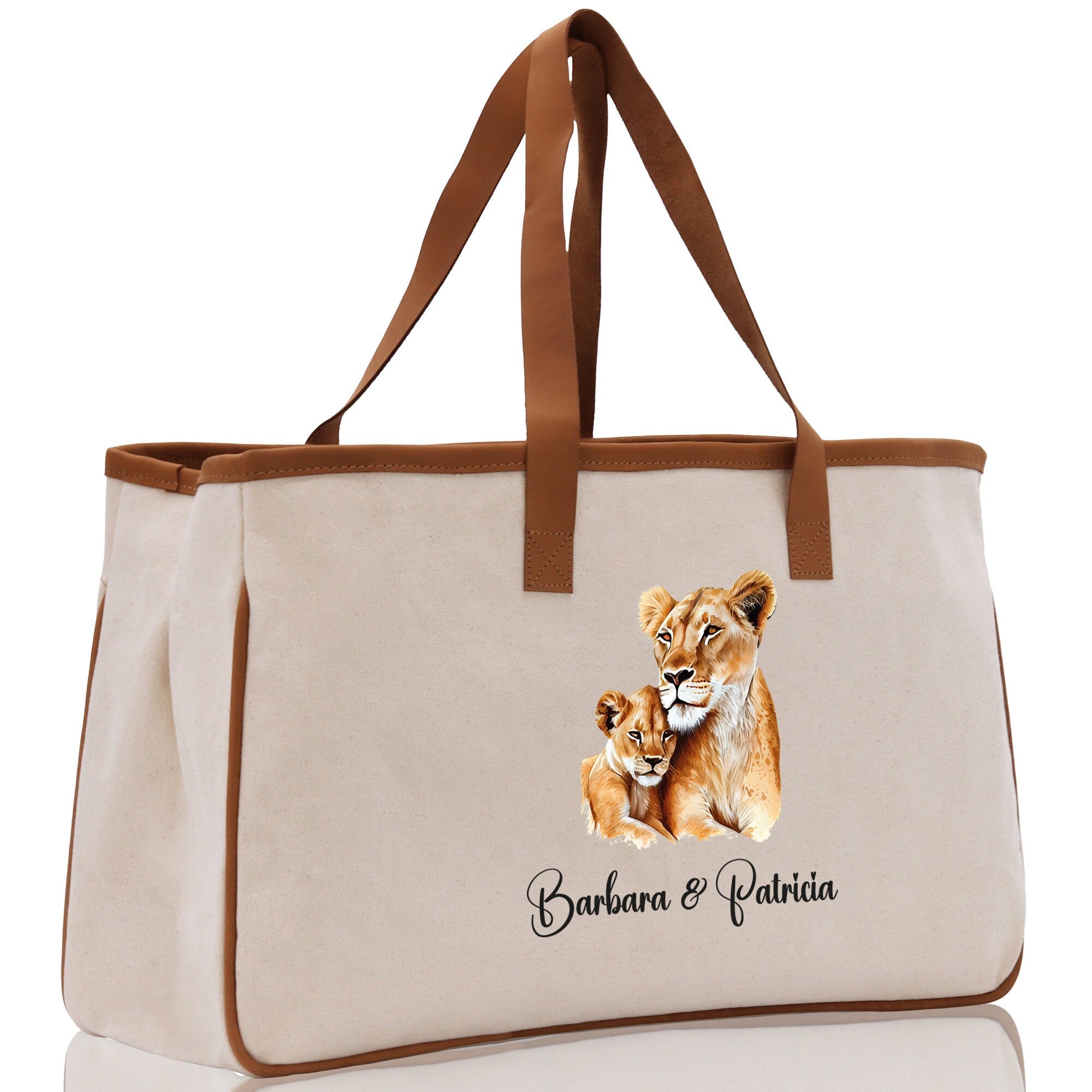 Lion Mom And Baby Name Custom Cotton Canvas Tote Bag Custom Pet Lover Gift Pet Portrait Bag Personalized Pet Owner Gift Tote Bag - Aaria Tees Aaria Tees