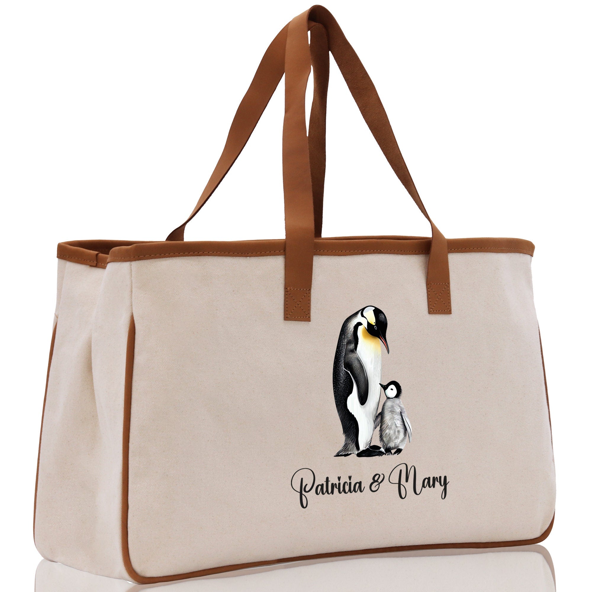 Penguin Mom And Baby Name Custom Cotton Canvas Tote Bag Custom Pet Lover Gift Pet Portrait Bag Personalized Pet Owner Gift Tote Bag - Aaria Tees Aaria Tees