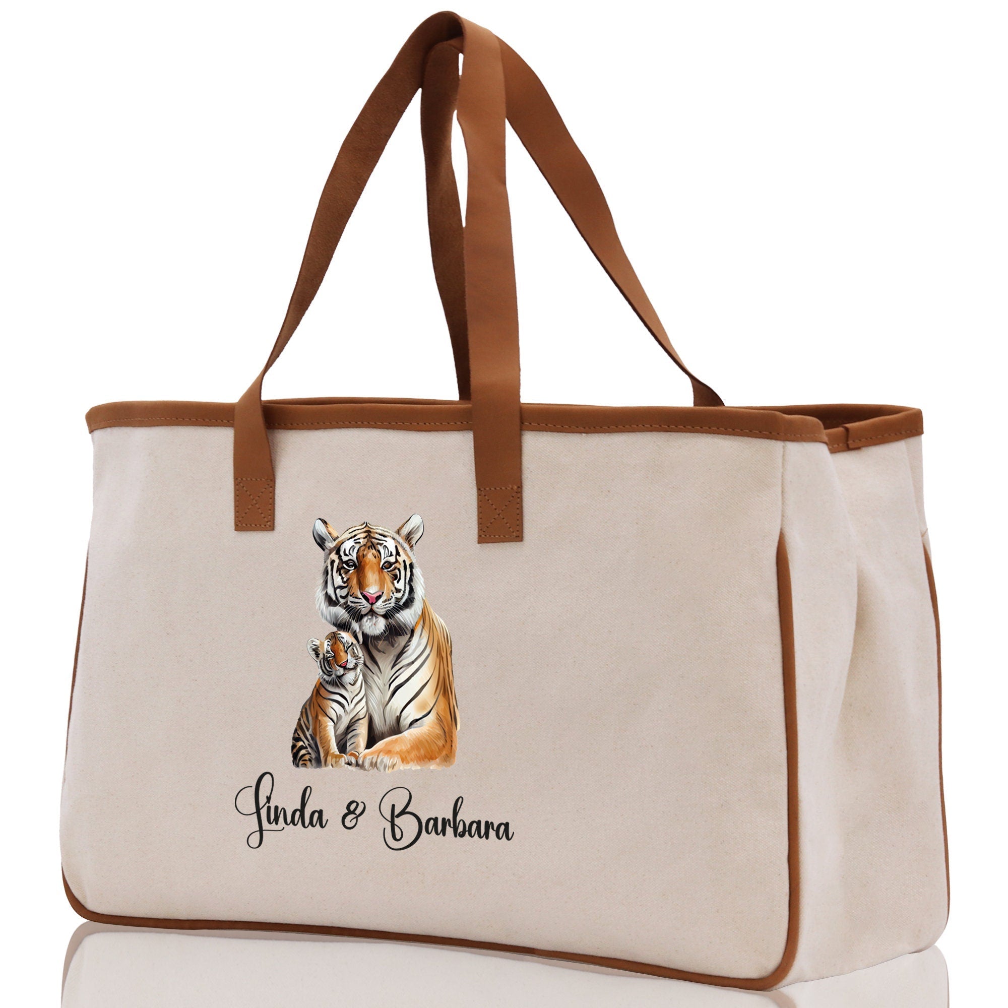 Tiger Mom And Baby Name Custom Cotton Canvas Tote Bag Custom Pet Lover Gift Pet Portrait Bag Personalized Pet Owner Gift Tote Bag - Aaria Tees Aaria Tees