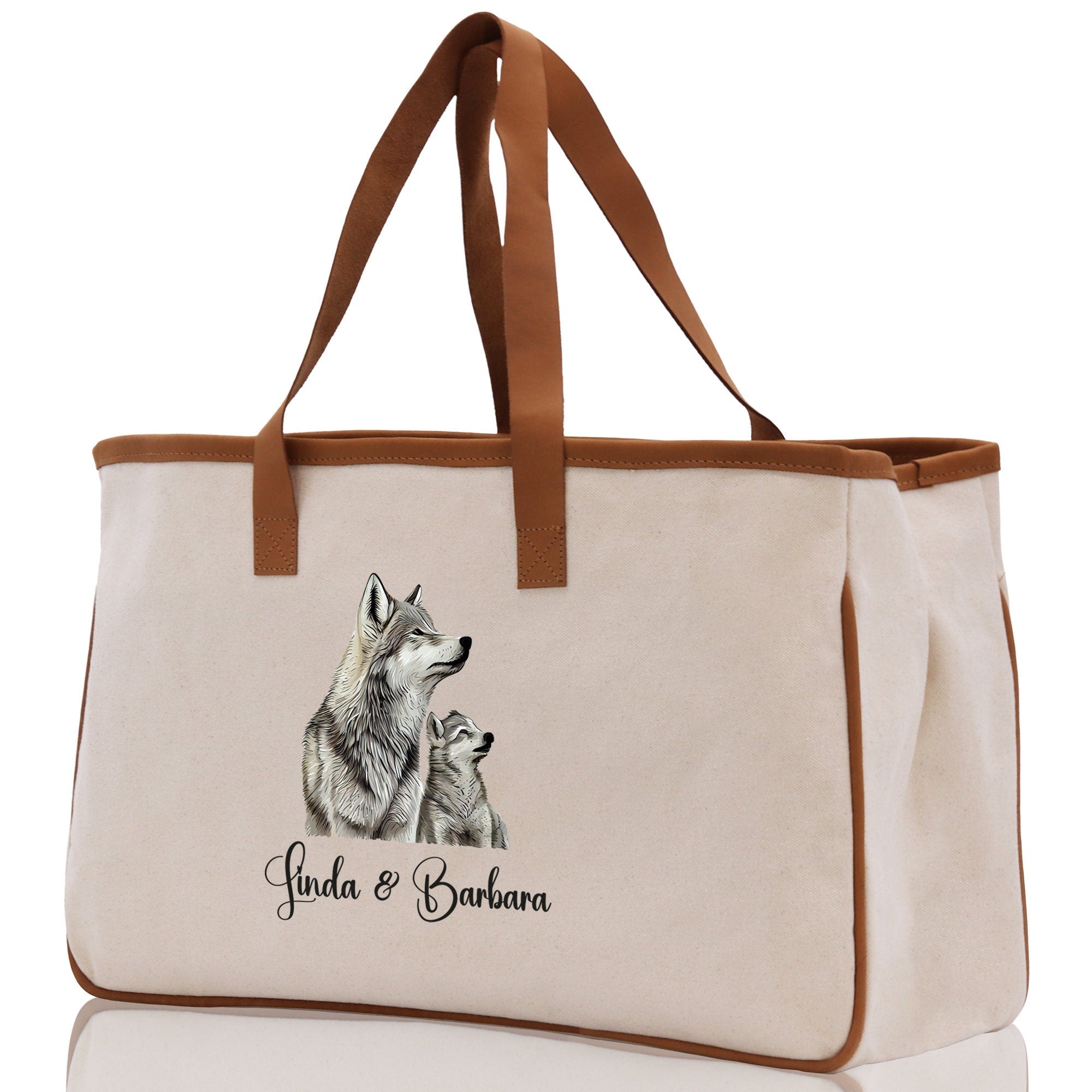 Wolf Mom And Baby Name Custom Cotton Canvas Tote Bag Custom Pet Lover Gift Pet Portrait Bag Personalized Pet Owner Gift Tote Bag - Aaria Tees Aaria Tees
