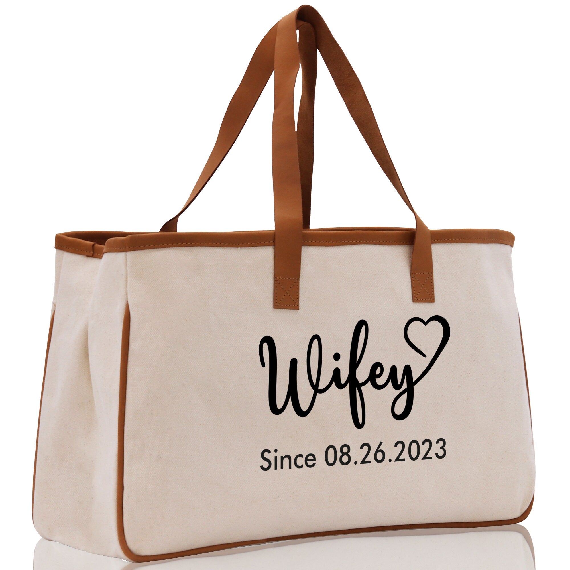 Wifey Personalization Cotton Canvas Tote Bag Bridal Party Tote Anniversary Gift For Wife Honeymoon Tote Est Year Tote Bag Engagement Gift - Aaria Tees Aaria Tees