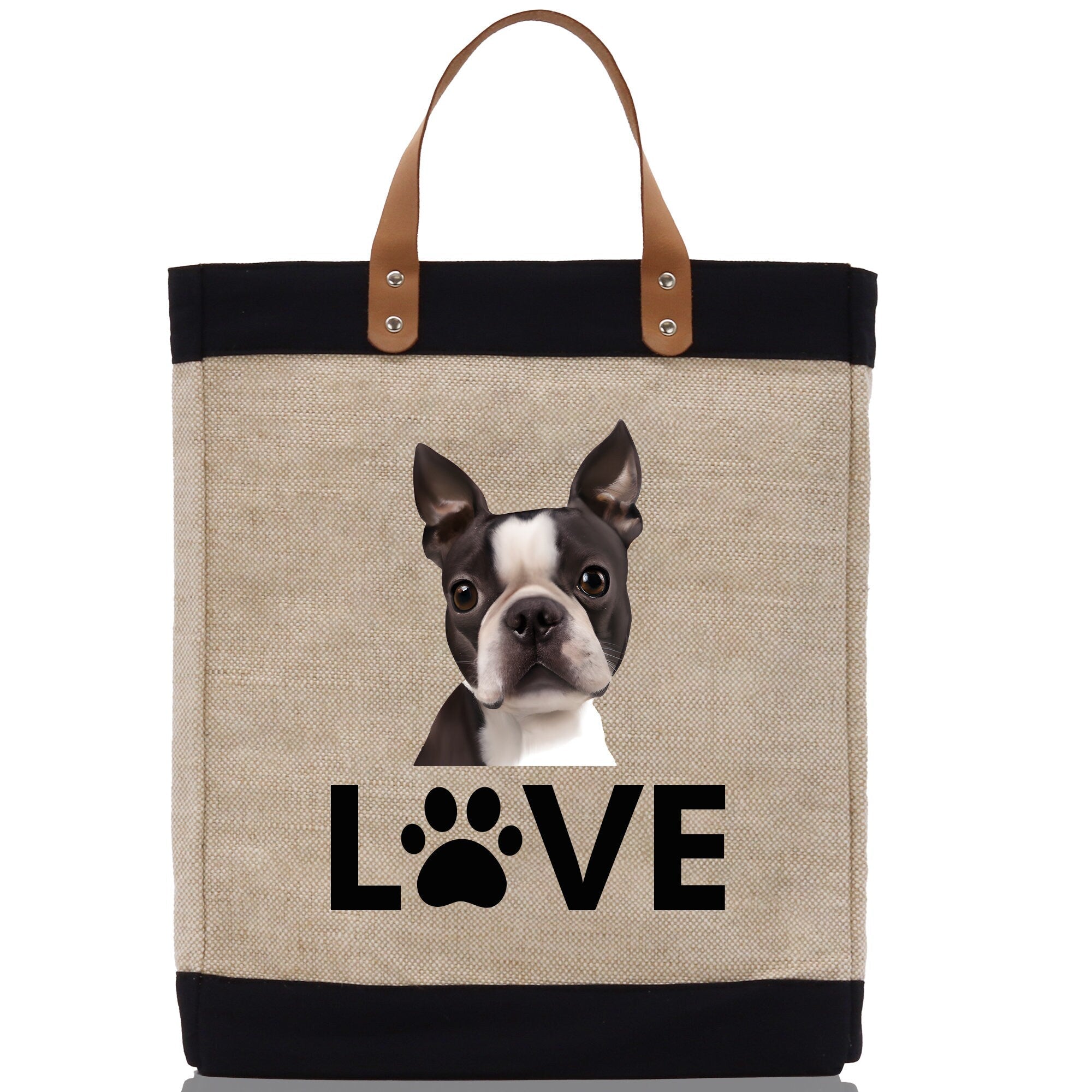 Boston Terrier Love Dog Jute Canvas Tote Funny Farmer Market Bag Quote Jute Bag Shopping Bag Burlap Bag Dog Owner Gift - Aaria Tees Aaria Tees