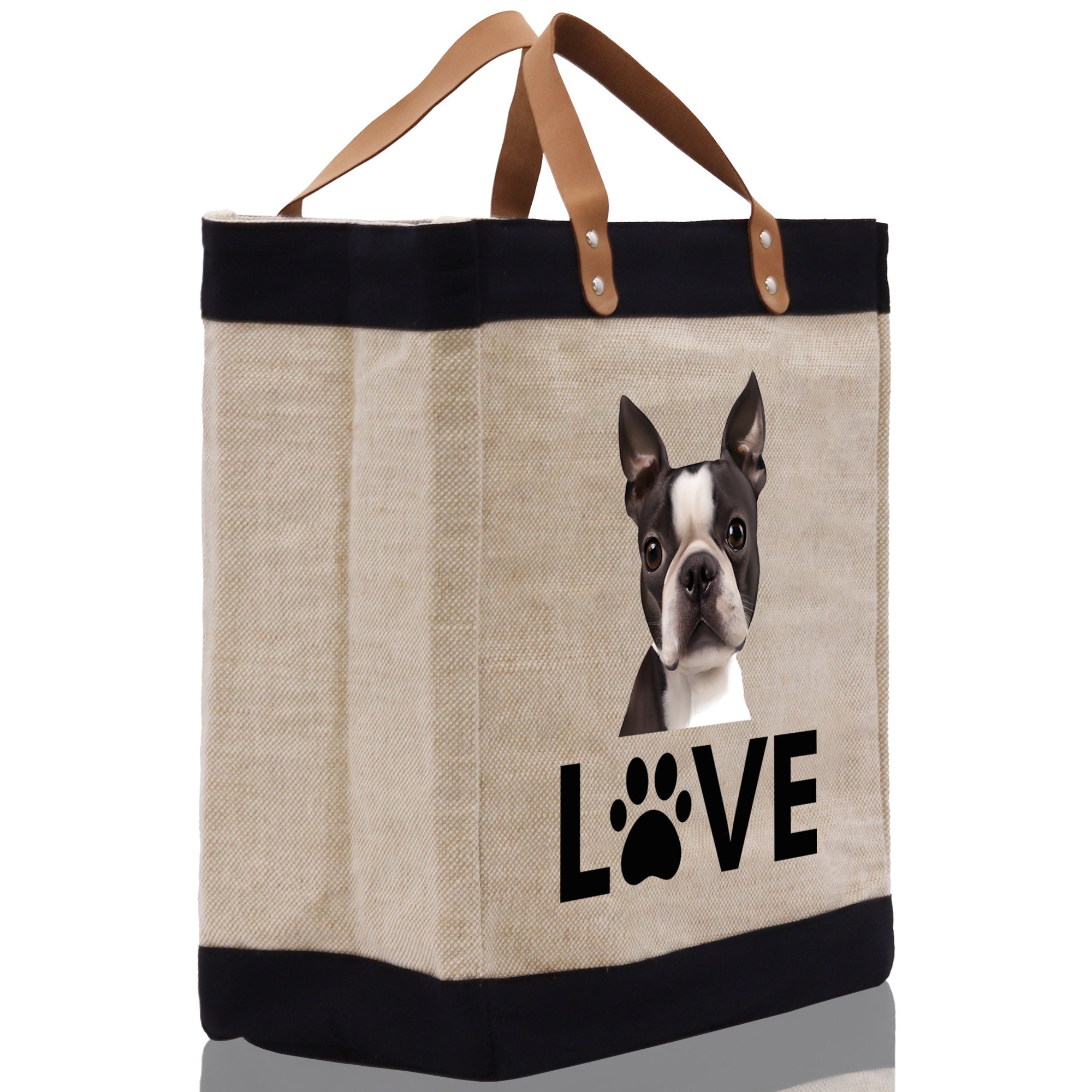 Boston Terrier Love Dog Jute Canvas Tote Funny Farmer Market Bag Quote Jute Bag Shopping Bag Burlap Bag Dog Owner Gift - Aaria Tees Aaria Tees